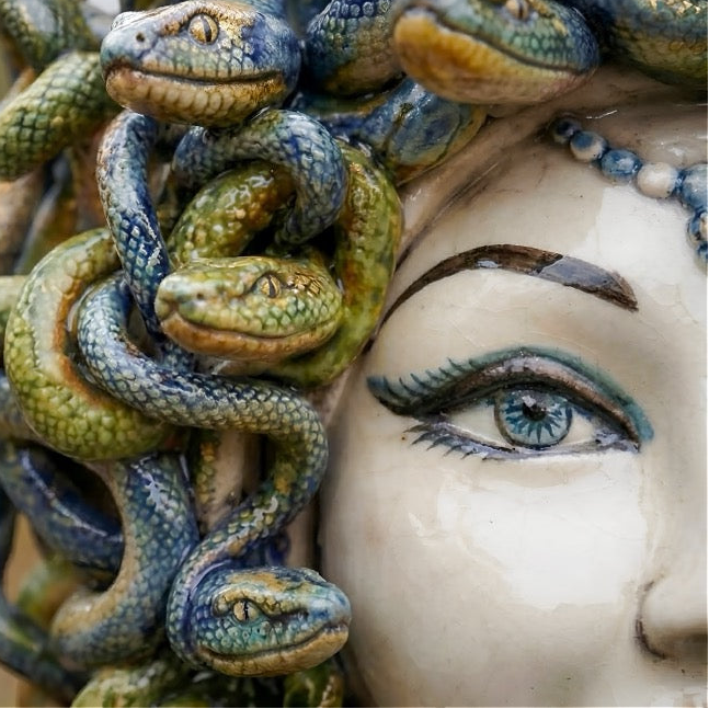 Medusa Head Vase H 30 cm / 11.8", Antique Mother of Pearl – Testa di Moro from Caltagirone, Sicily