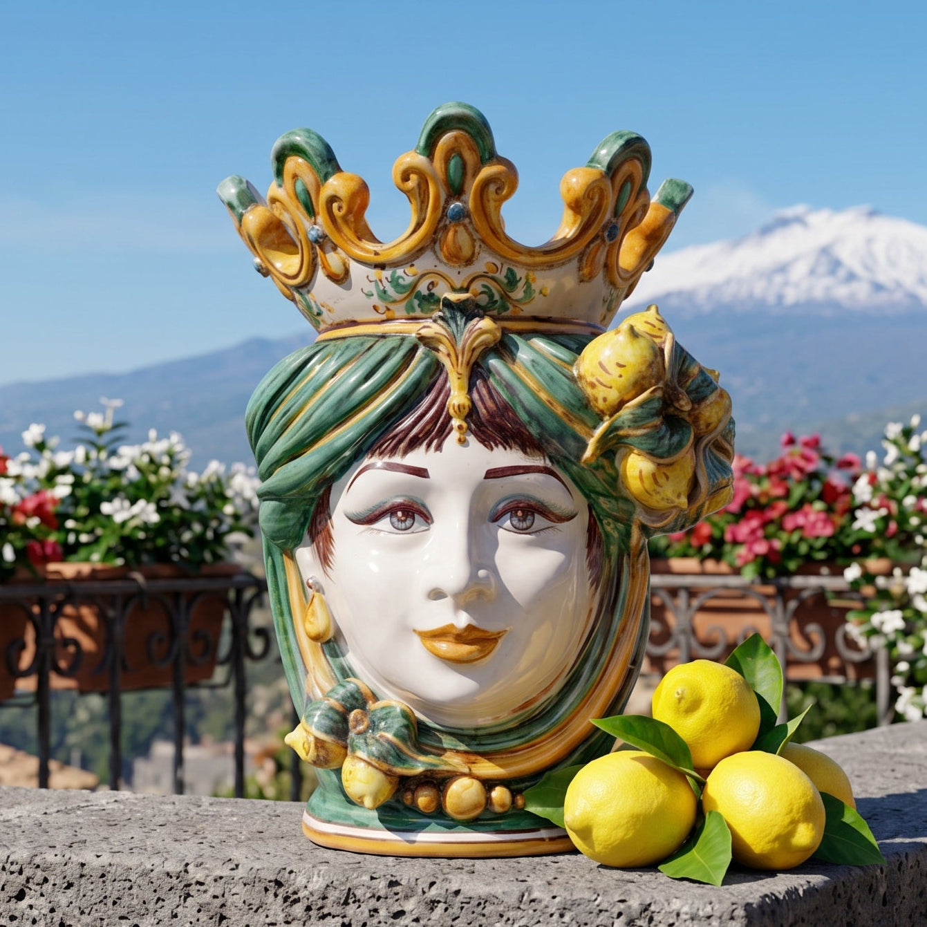 Testa di Moro Vase with Lemons H 40 cm / 15.7", Woman, Green and Orange – Testa di Moro from Caltagirone, Sicily