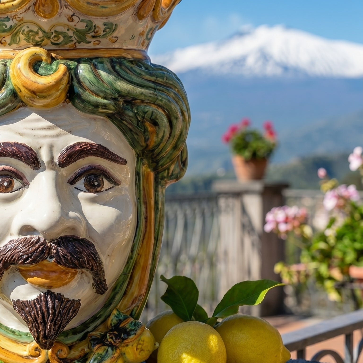 Moor's Head Vase with Lemons H 40 cm / 15.7", White Man, Green and Orange – Testa di Moro from Caltagirone, Sicily