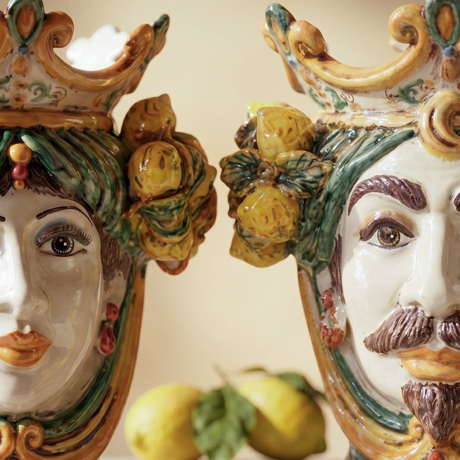 Sicilian Head Vase with Lemons H 25 cm / 9.8", Woman, Green and Orange – Testa di Moro from Caltagirone, Sicily