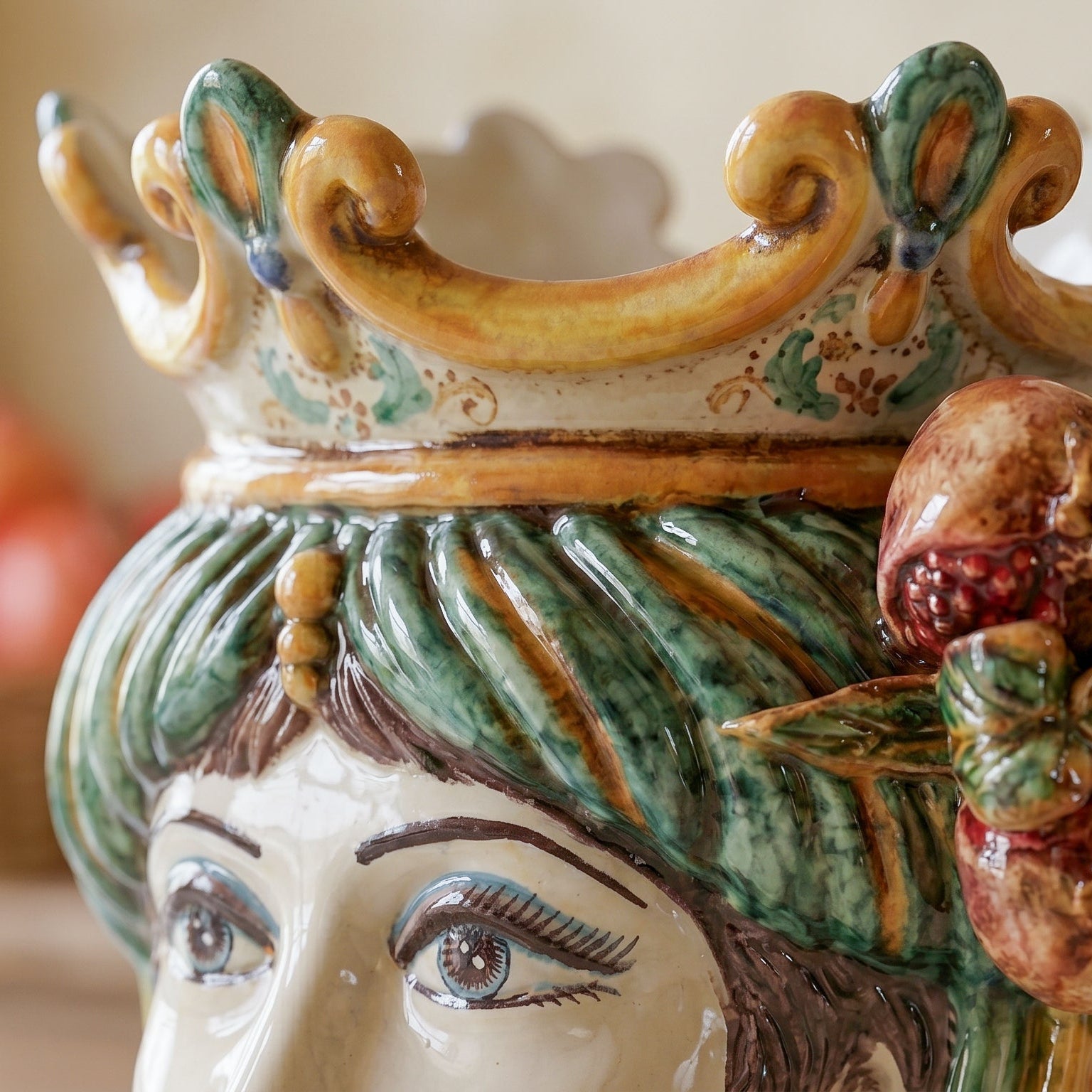 Sicilian Head Vase with Pomegranates H 25 cm / 9.8", Woman, Green and Orange – Testa di Moro from Caltagirone, Sicily
