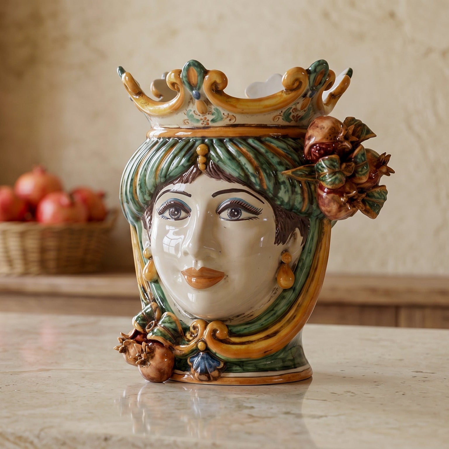 Sicilian Head Vase with Pomegranates H 25 cm / 9.8", Woman, Green and Orange – Testa di Moro from Caltagirone, Sicily