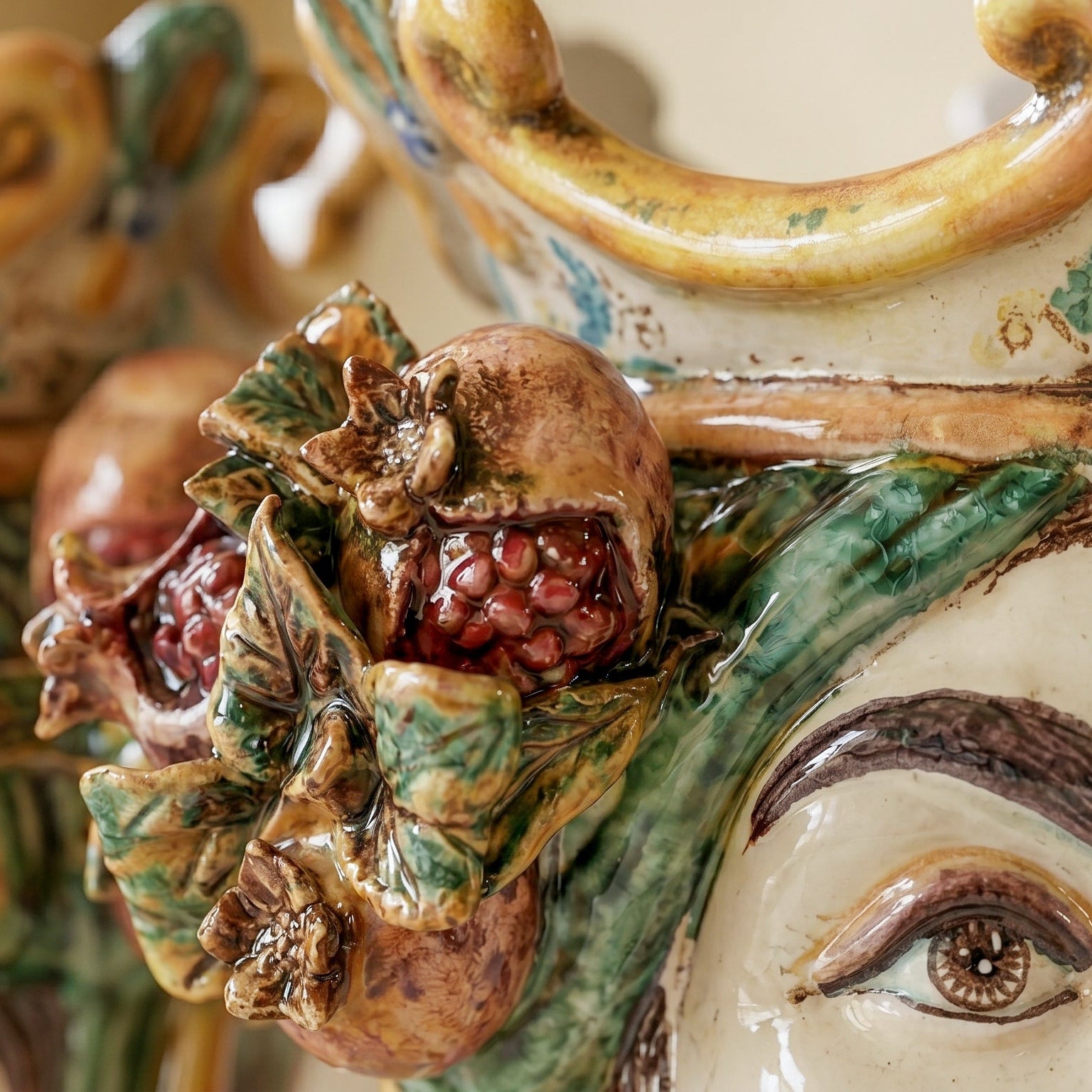 Sicilian Head Vase with Pomegranates H 25 cm / 9.8", White Man, Green and Orange – Testa di Moro from Caltagirone, Sicily