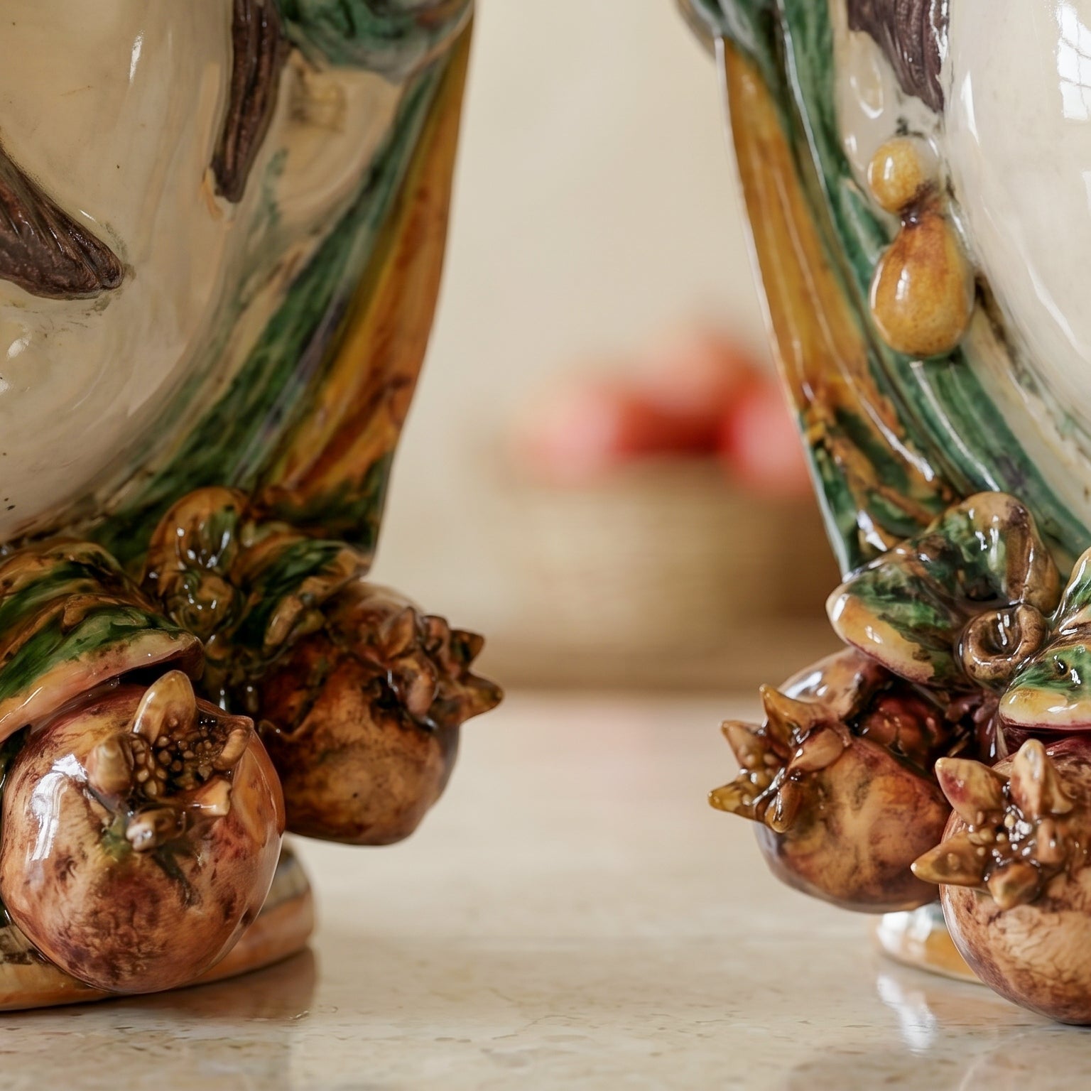 Sicilian Head Vase with Pomegranates H 25 cm / 9.8", White Man, Green and Orange – Testa di Moro from Caltagirone, Sicily