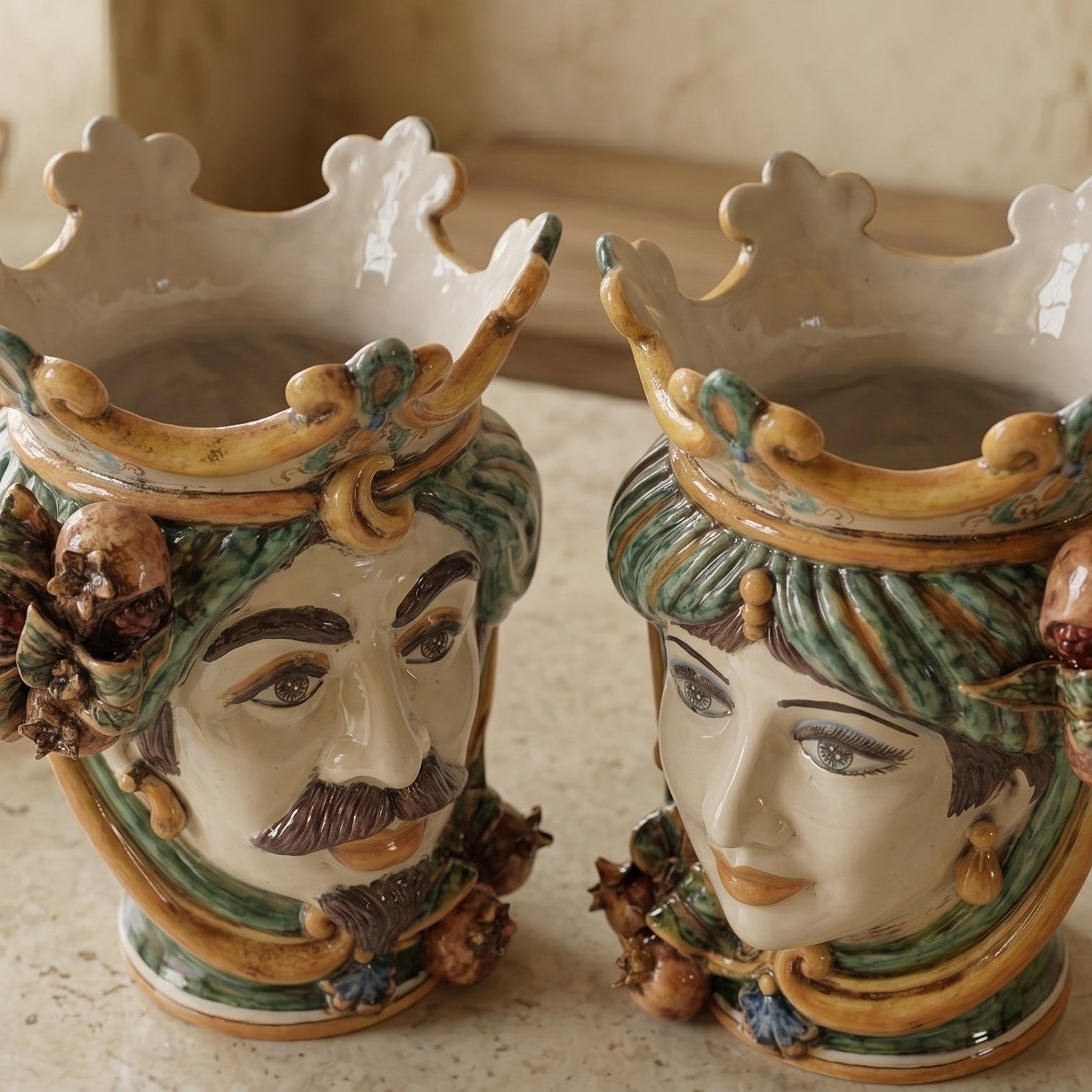 Sicilian Head Vase with Pomegranates H 25 cm / 9.8", White Man, Green and Orange – Testa di Moro from Caltagirone, Sicily