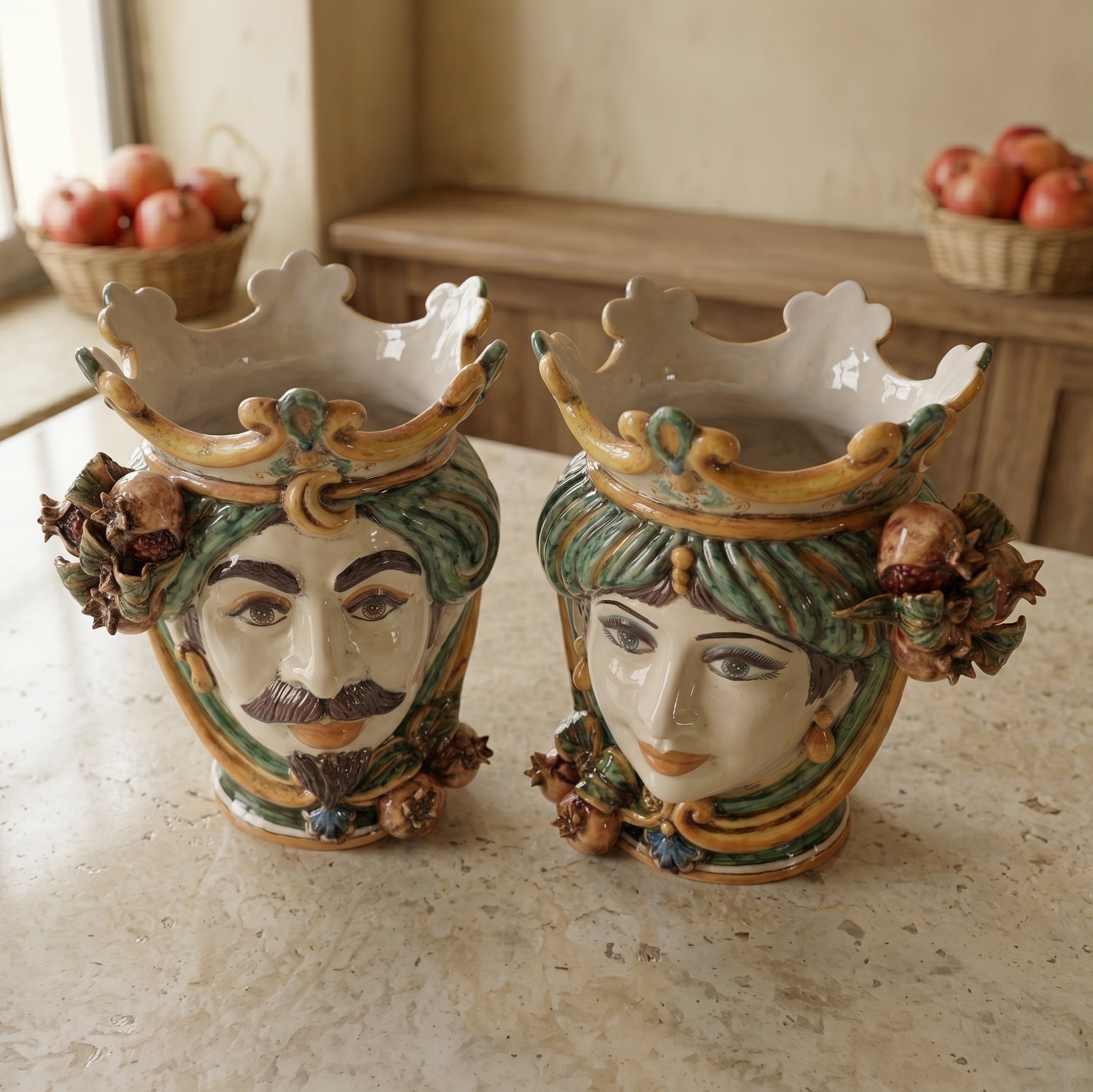 Sicilian Head Vase with Pomegranates H 25 cm / 9.8", Woman, Green and Orange – Testa di Moro from Caltagirone, Sicily