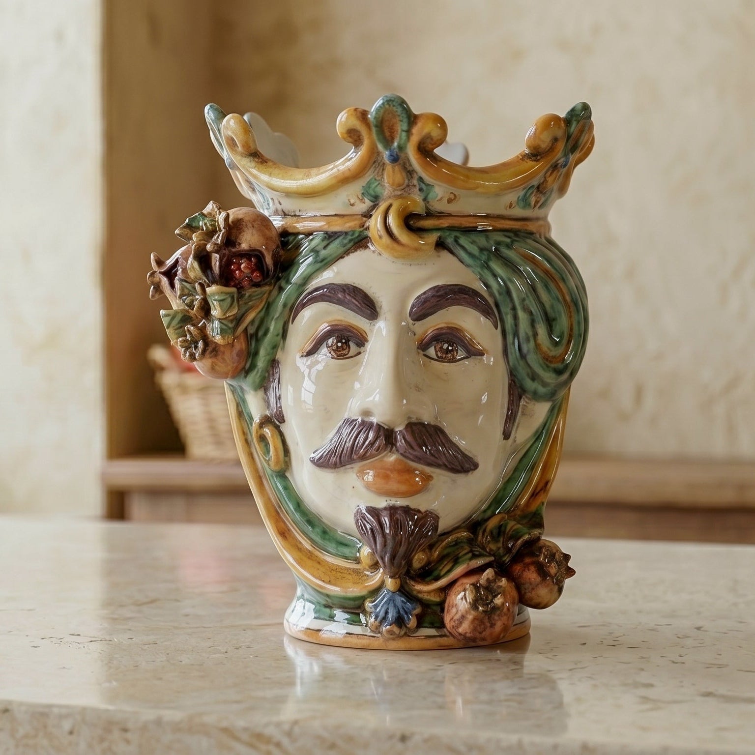 Sicilian Head Vase with Pomegranates H 25 cm / 9.8", White Man, Green and Orange – Testa di Moro from Caltagirone, Sicily