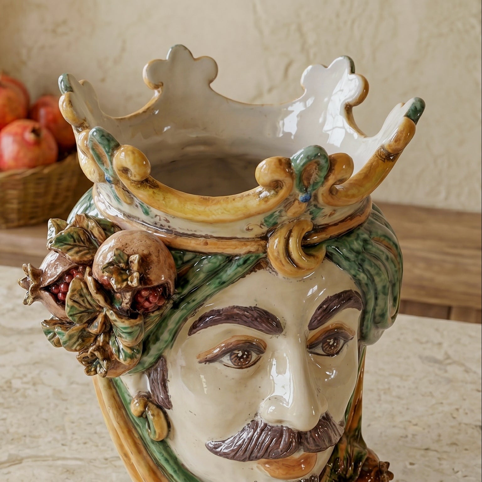 Sicilian Head Vase with Pomegranates H 25 cm / 9.8", White Man, Green and Orange – Testa di Moro from Caltagirone, Sicily