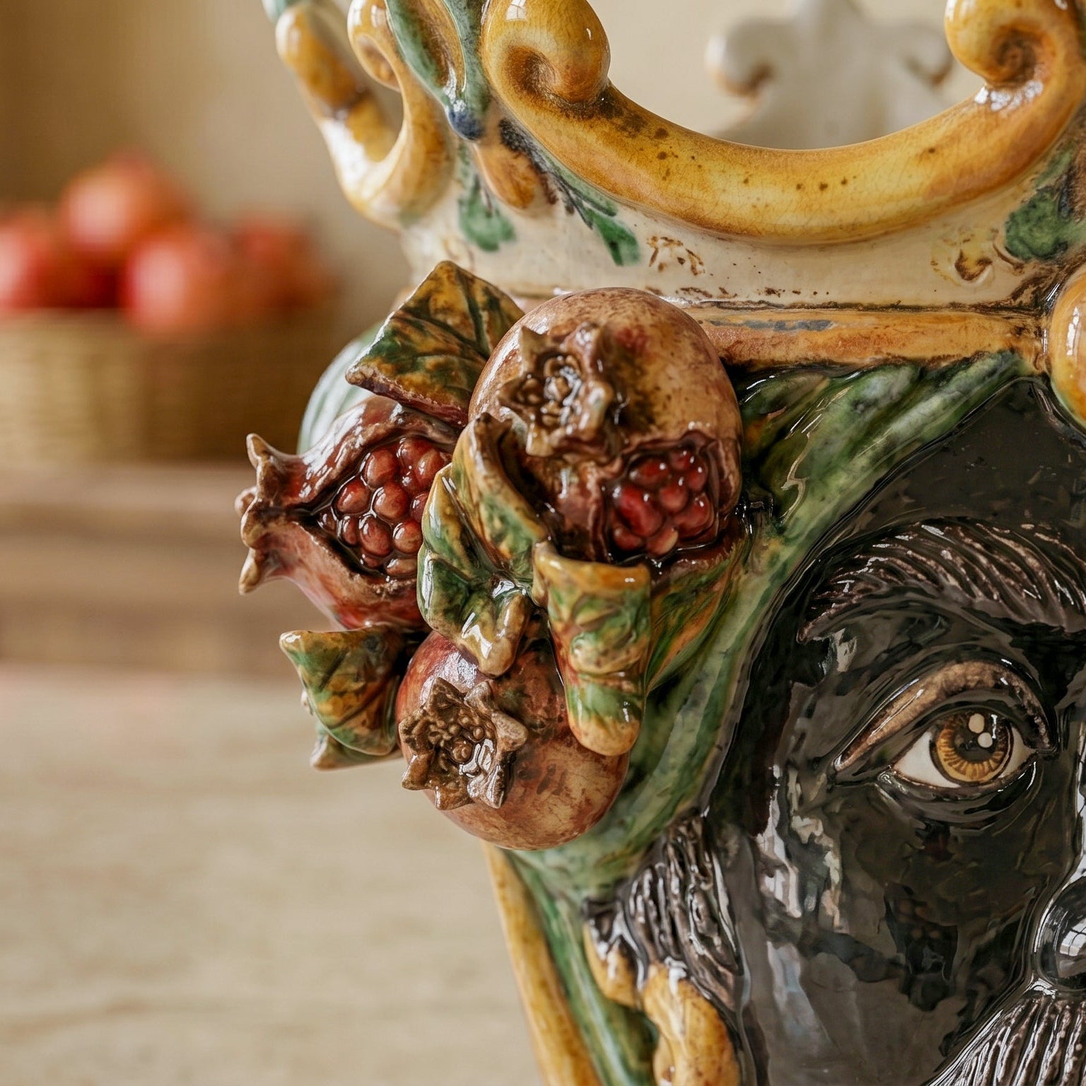 Sicilian Moor's Head with Pomegranates H 25 cm / 9.8", Moro Man, Green and Orange – Testa di Moro from Caltagirone, Sicily
