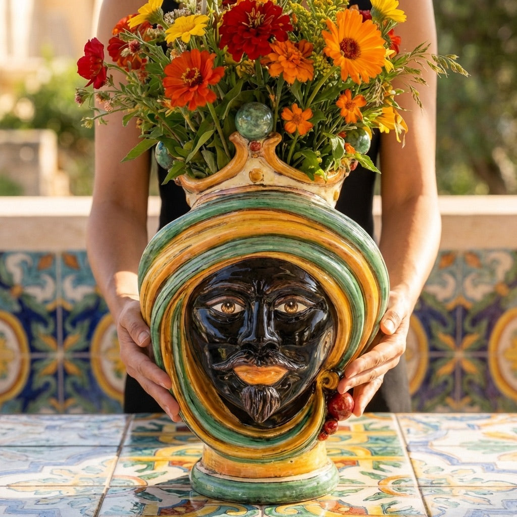 Sicilian Head Vase H 30 cm / 11.8", Moro Man, Green and Orange – Testa di Moro from Caltagirone, Sicily