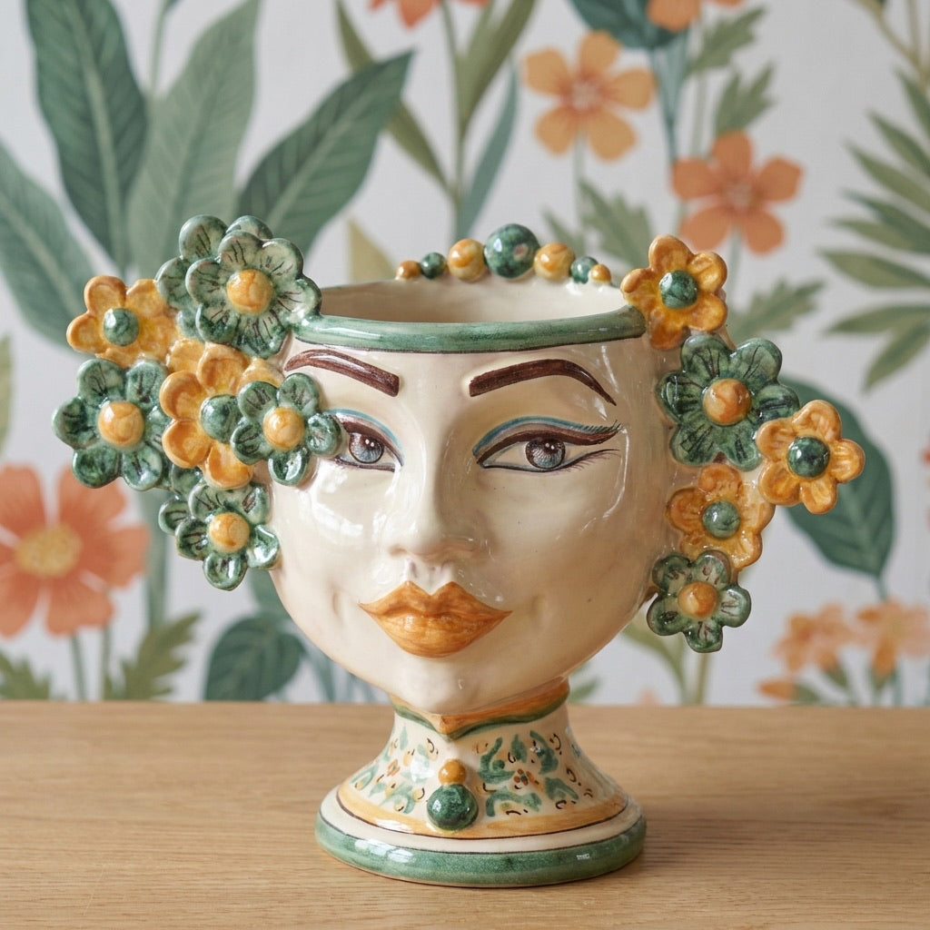 Moor's Head Vase with Flowers H 20 cm / 7.9", Green and Orange – Testa di Moro from Caltagirone, Sicily