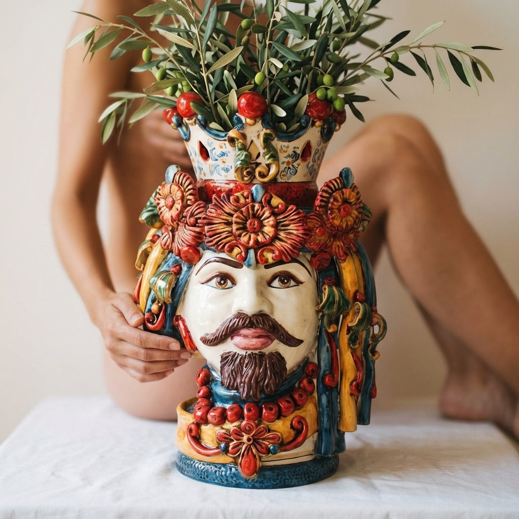 Sicilian Moor's Head with Turban H 50 cm / 19.7", White Man, Decoro Sicily – Testa di Moro from Caltagirone, Sicily