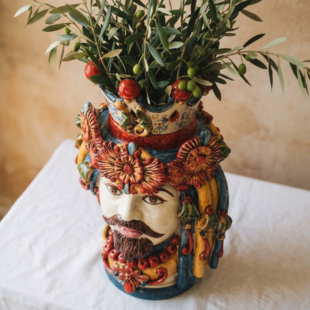 Sicilian Moor's Head with Turban H 50 cm / 19.7", White Man, Decoro Sicily – Testa di Moro from Caltagirone, Sicily
