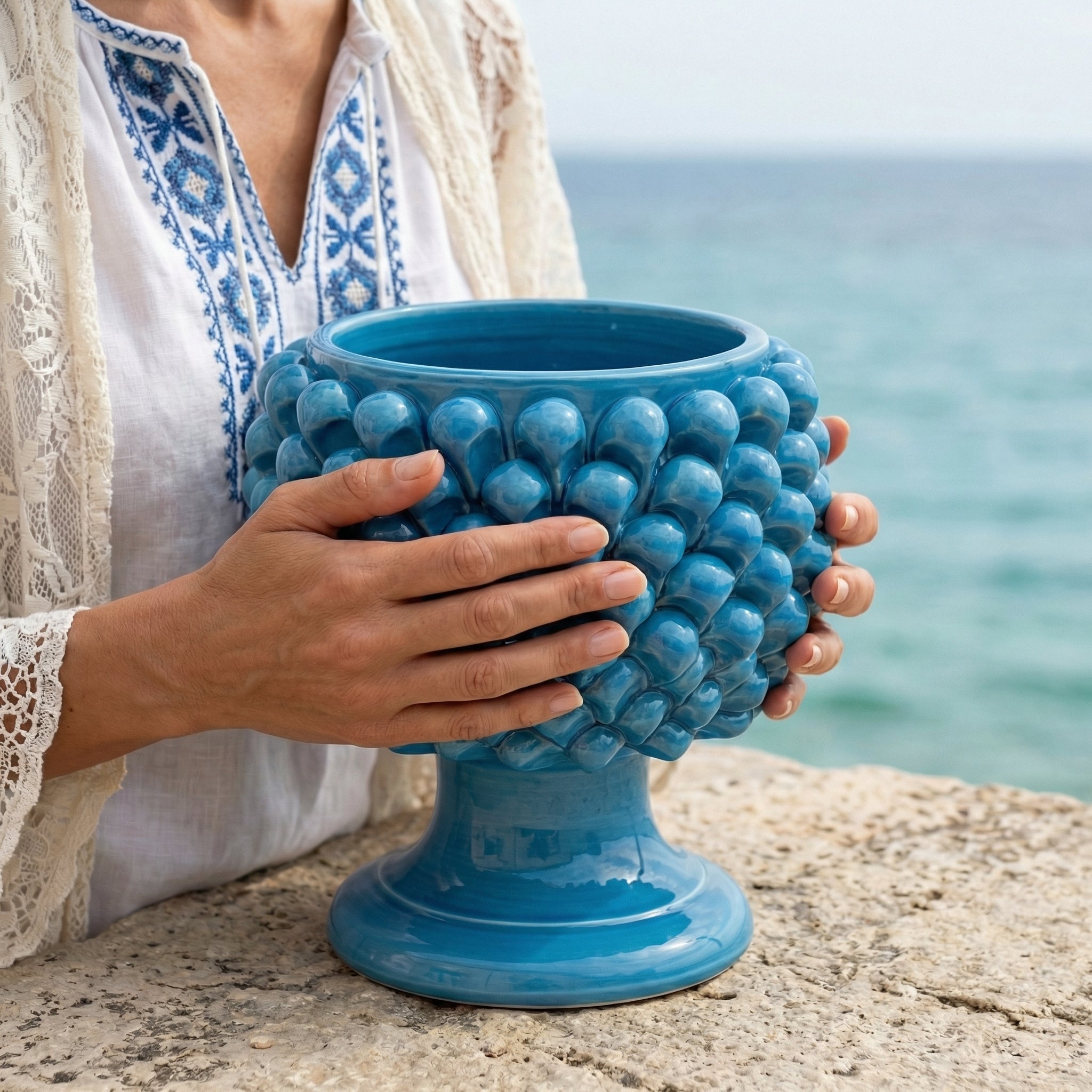 Half Pine Cone Vase, Turquoise – Caltagirone Ceramic – Sicilian artisan tradition
