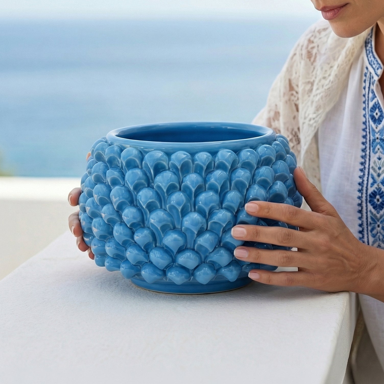 Half Pine Cone Vase, Turquoise – Sicilian majolica handcrafted in Caltagirone