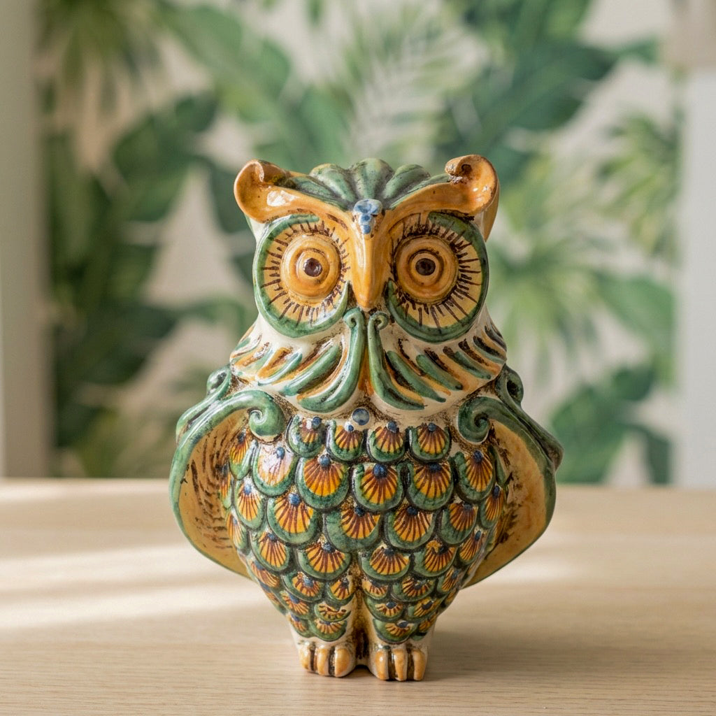 Sicilian Ceramic Owl H 20 cm / 7.9", Green and Orange – Italian ceramic from Caltagirone, Sicily