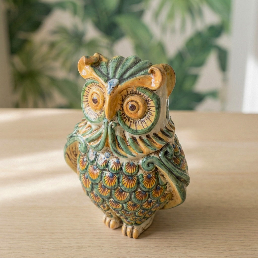Sicilian Ceramic Owl H 20 cm / 7.9", Green and Orange – Italian ceramic from Caltagirone, Sicily