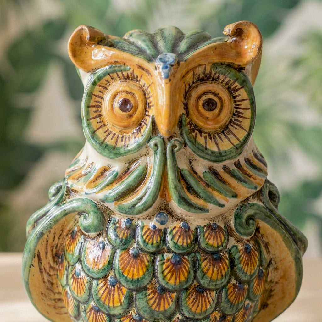 Sicilian Ceramic Owl H 20 cm / 7.9", Green and Orange – Italian ceramic from Caltagirone, Sicily