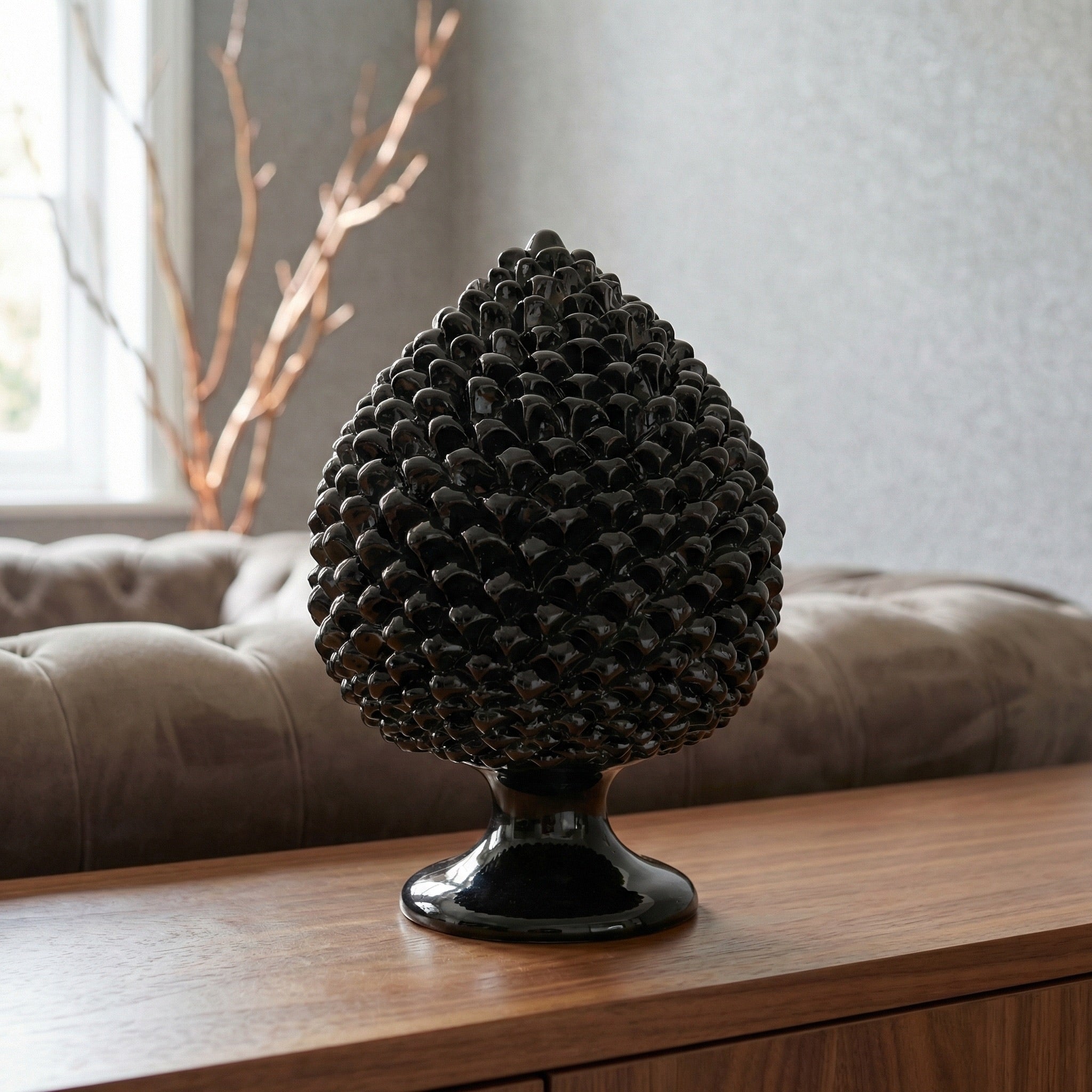 Sicilian Pine Cone H 15/40 cm / 6-16", Black Line – Italian pine cone ceramic from Caltagirone, Sicily