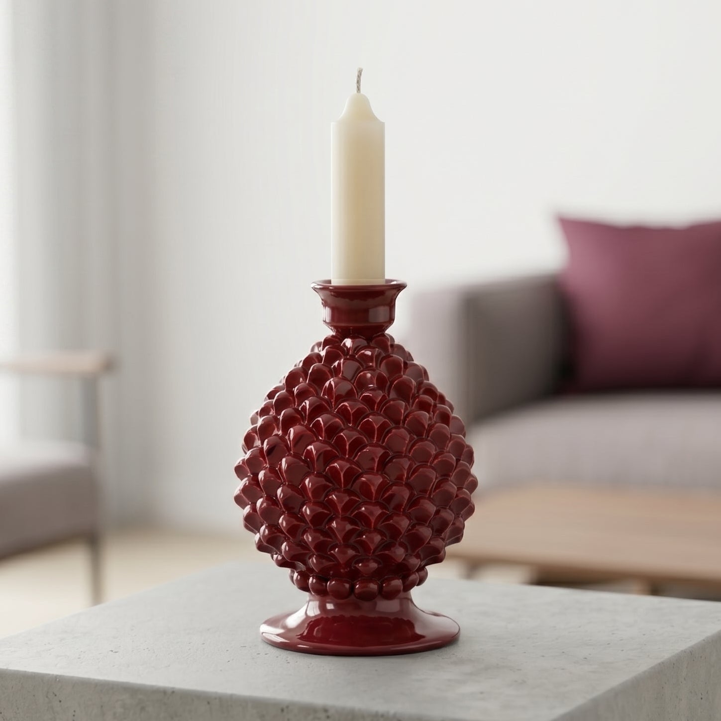 Sicilian Pine Cone Candle Holder H 18 cm / 7.1", Bordeaux – Sicilian tradition from Caltagirone
