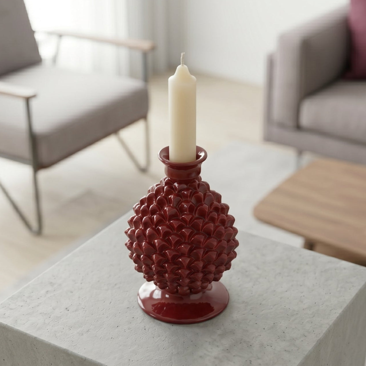 Sicilian Pine Cone Candle Holder H 18 cm / 7.1", Bordeaux – Sicilian tradition from Caltagirone