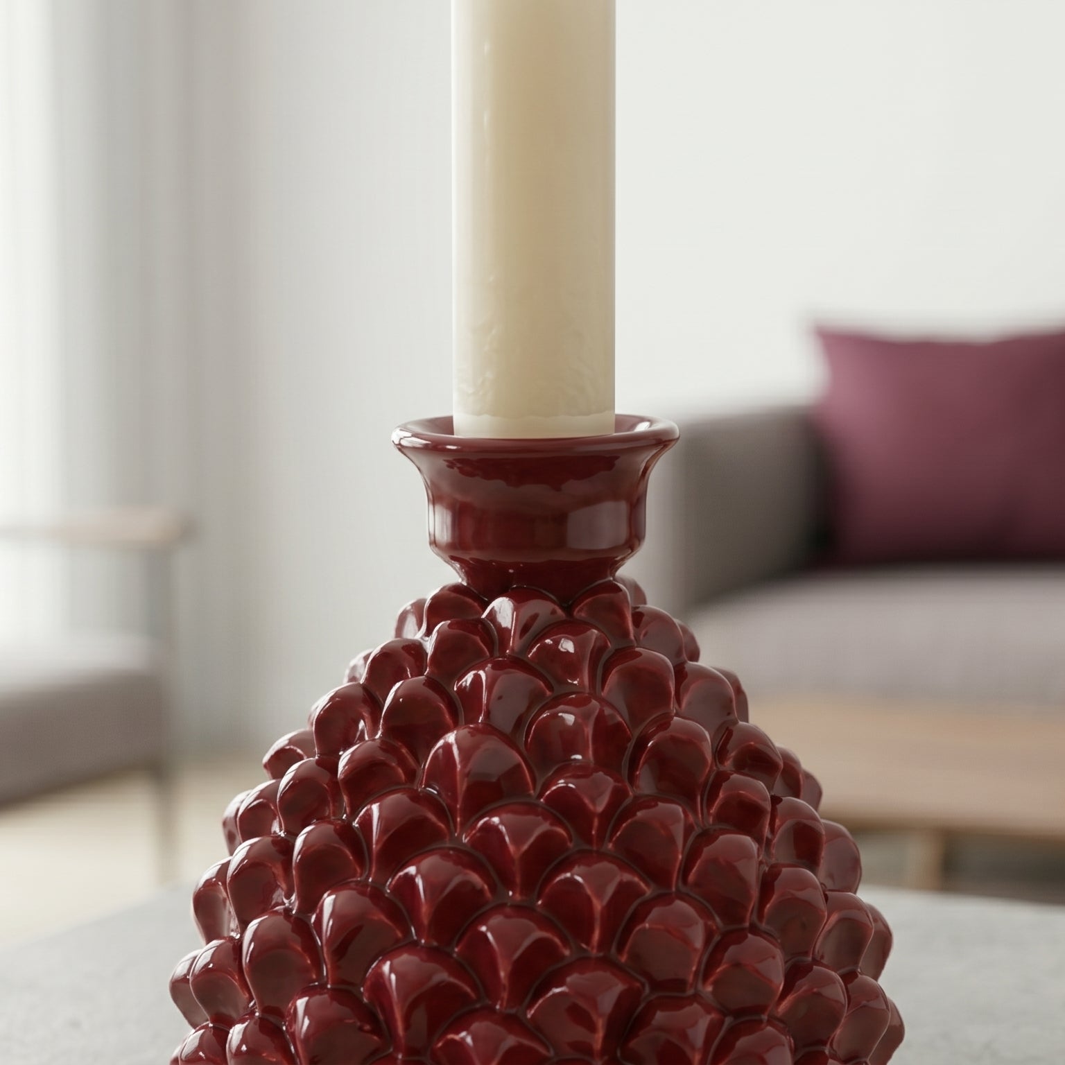 Sicilian Pine Cone Candle Holder H 18 cm / 7.1", Bordeaux – Sicilian tradition from Caltagirone