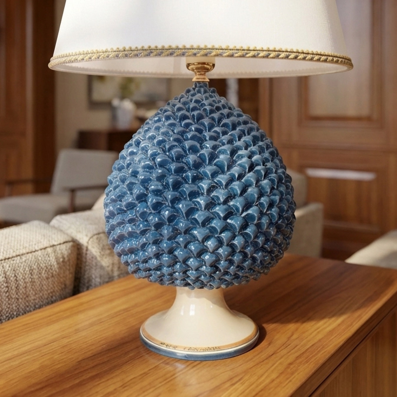 Sicilian Pine Cone Lamp, Blue and Orange – Italian ceramic from Caltagirone, Sicily