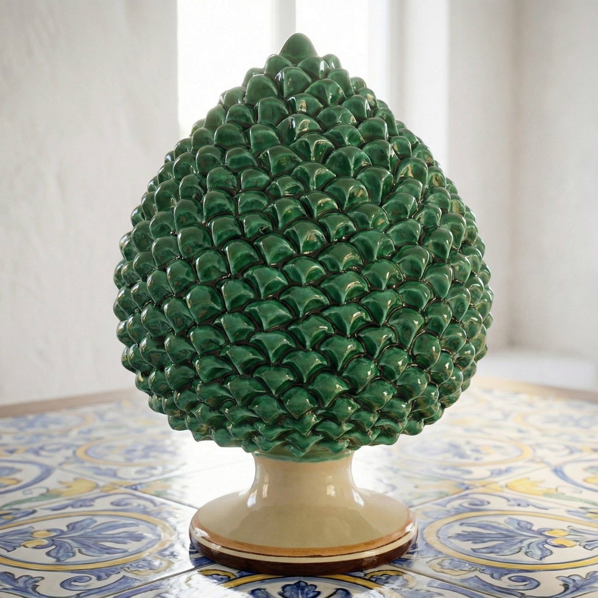 Sicilian Pine Cone H 15/40 cm / 6-16", Green and Orange – Caltagirone Ceramic – Sicilian Pine Cone Tradition