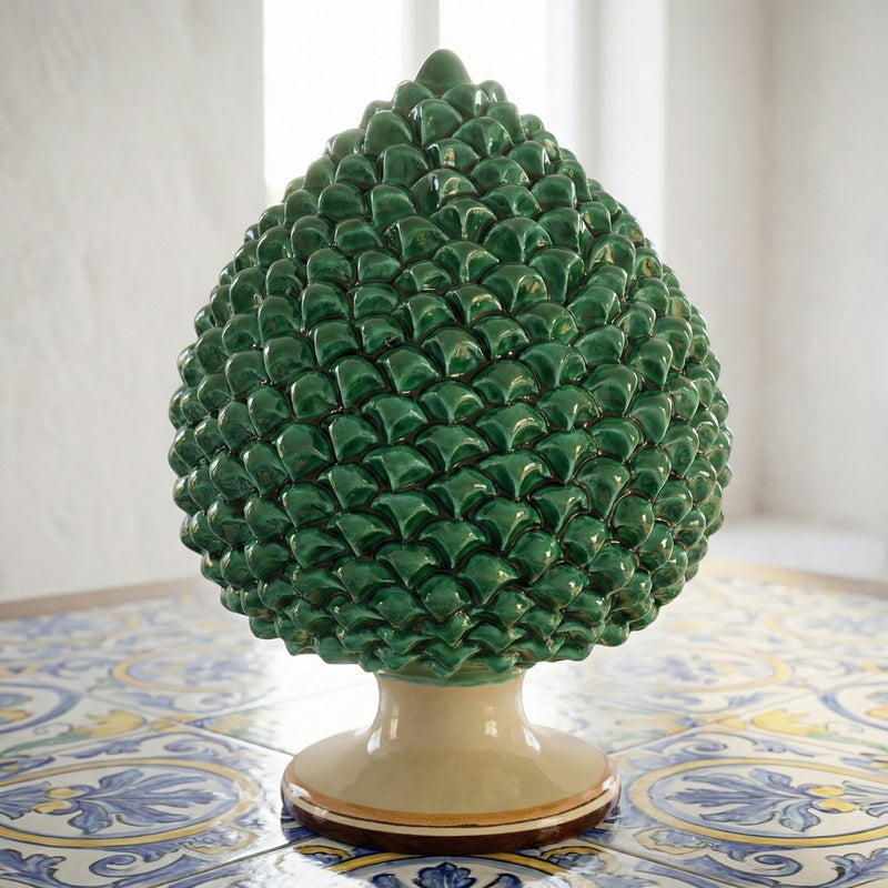 Sicilian Pine Cone H 15/40 cm / 6-16", Green and Orange – Caltagirone Ceramic – Sicilian Pine Cone Tradition