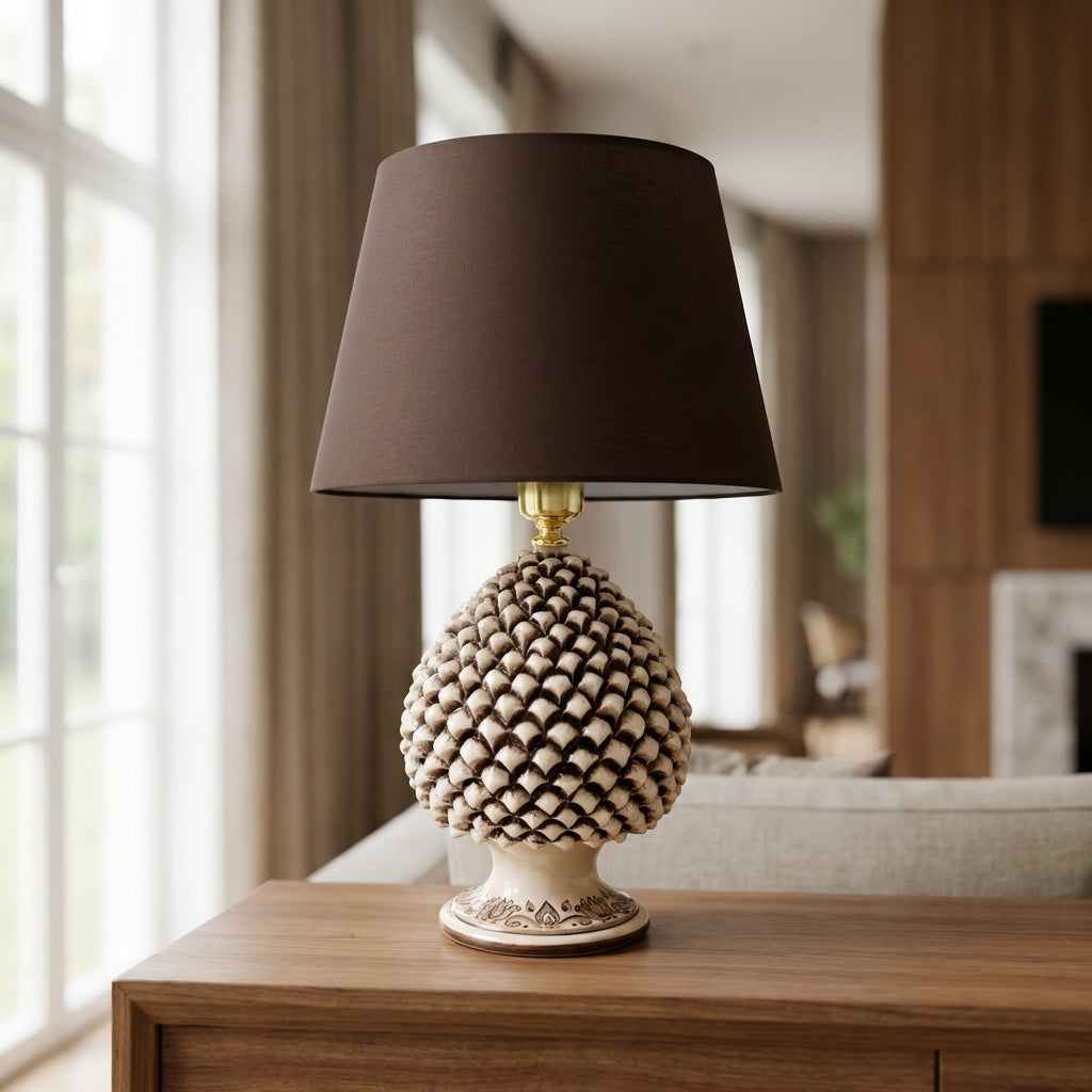 Sicilian Pine Cone Lamp, Antique Mother of Pearl – Italian ceramic from Caltagirone, Sicily