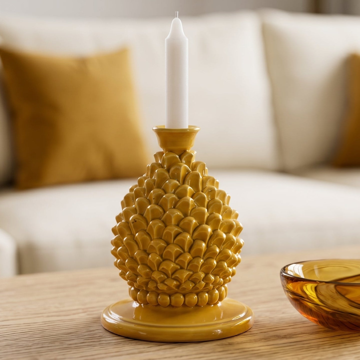 Sicilian Pine Cone Candle Holder H 18 cm / 7.1", Mustard – Caltagirone Ceramic – Sicilian Pine Cone Tradition