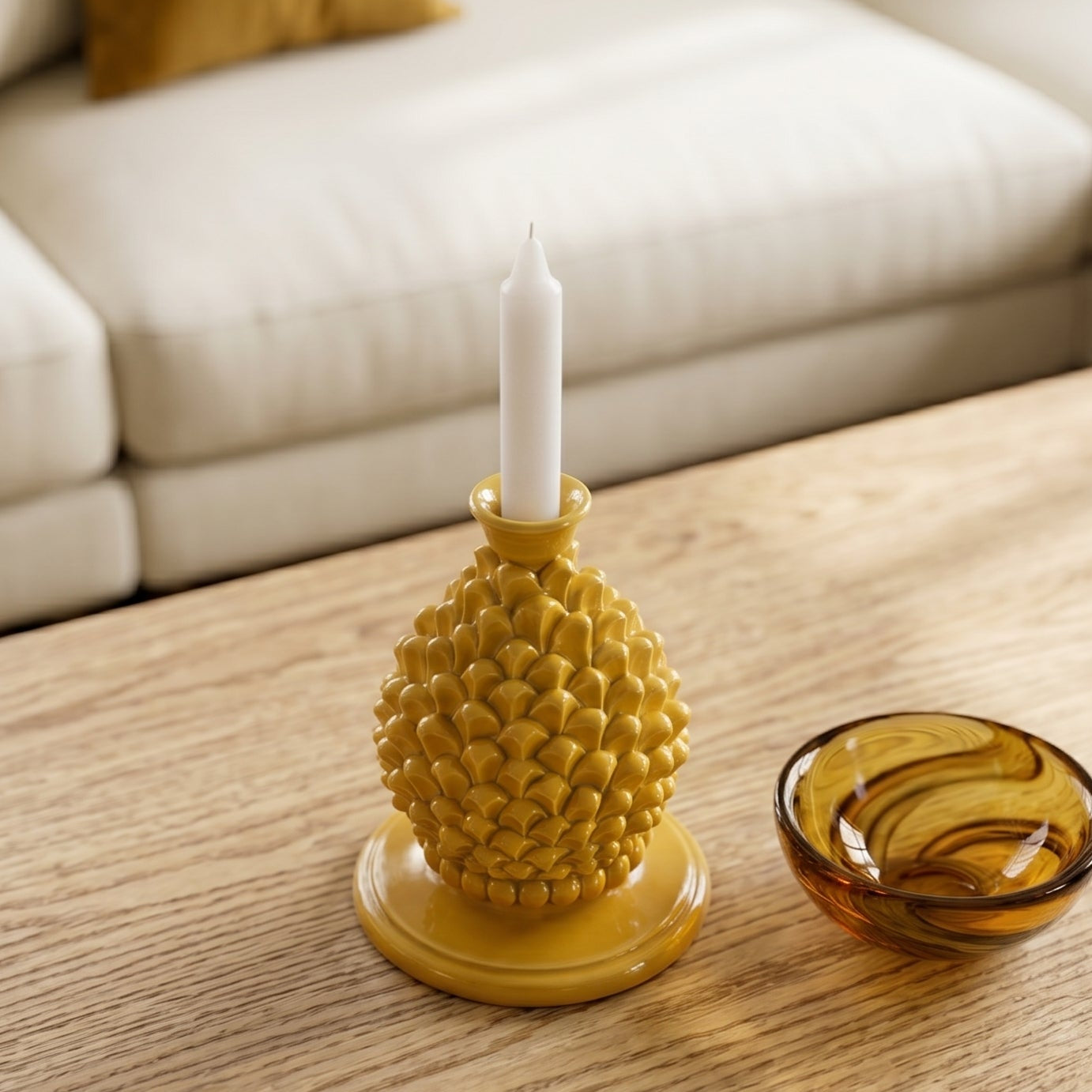 Sicilian Pine Cone Candle Holder H 18 cm / 7.1", Mustard – Caltagirone Ceramic – Sicilian Pine Cone Tradition
