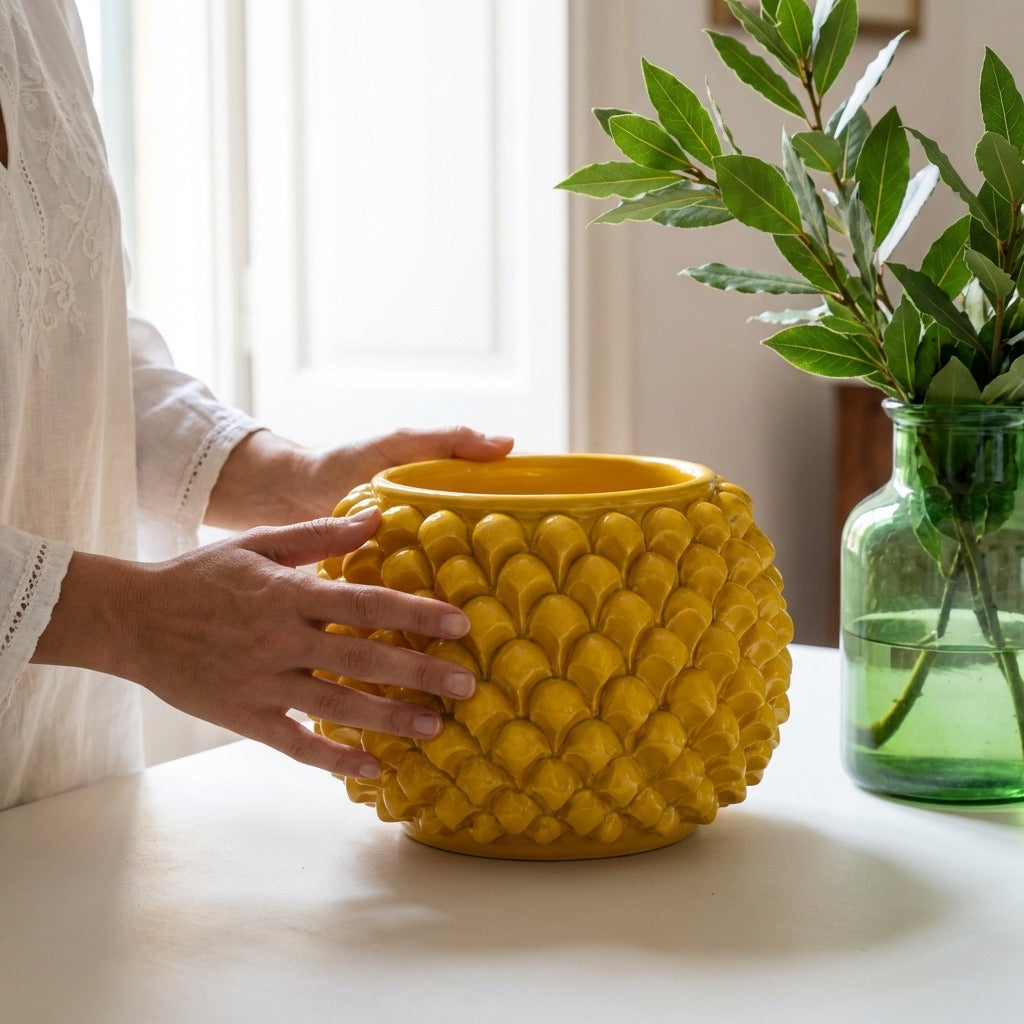 Half Pine Cone Vase, Mustard – Sicilian majolica handcrafted in Caltagirone