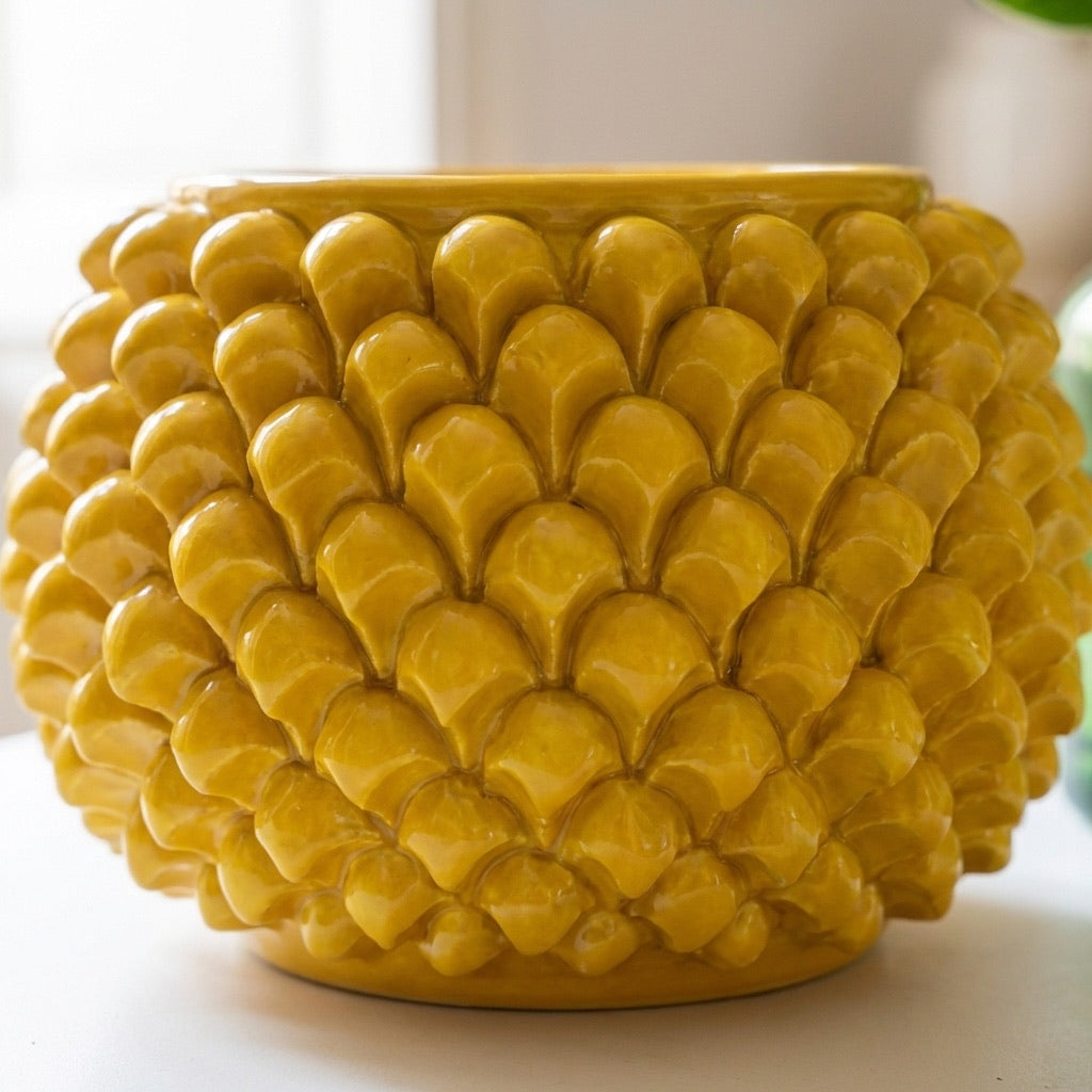 Half Pine Cone Vase, Mustard – Sicilian majolica handcrafted in Caltagirone