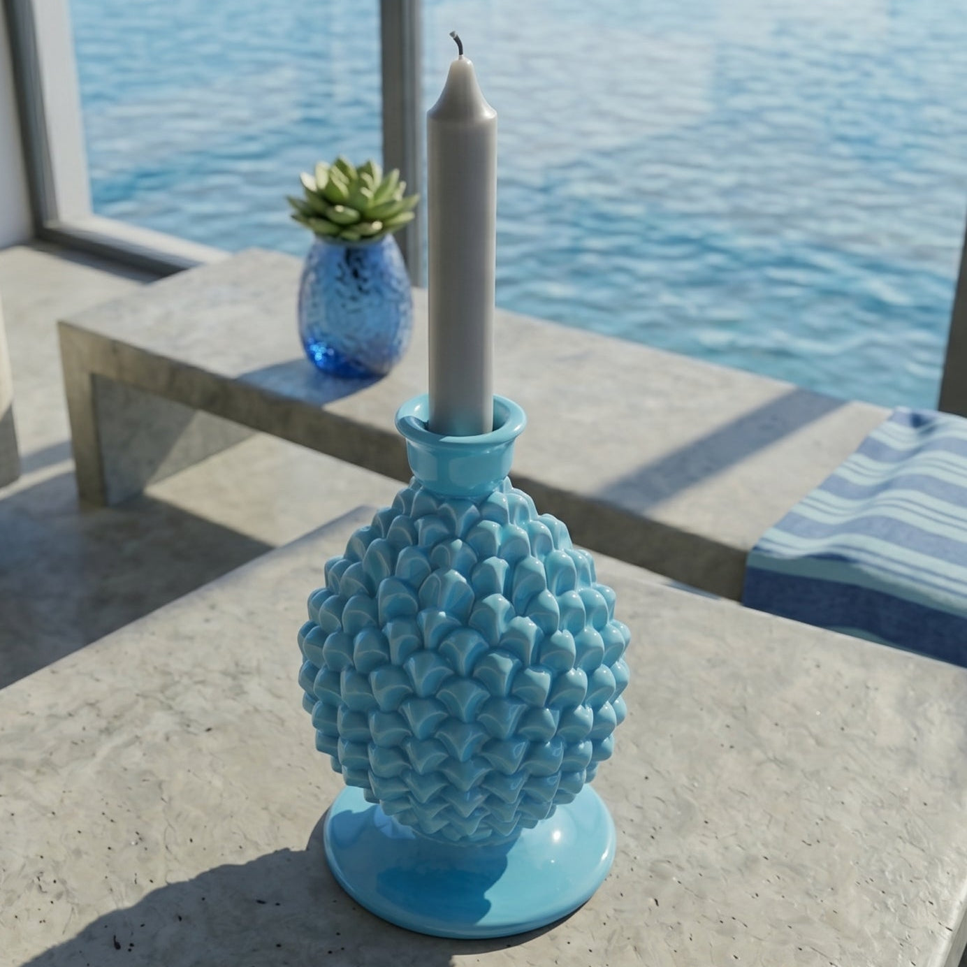 Sicilian Pine Cone Candle Holder H 18 cm / 7.1", Turquoise – Sicilian tradition from Caltagirone
