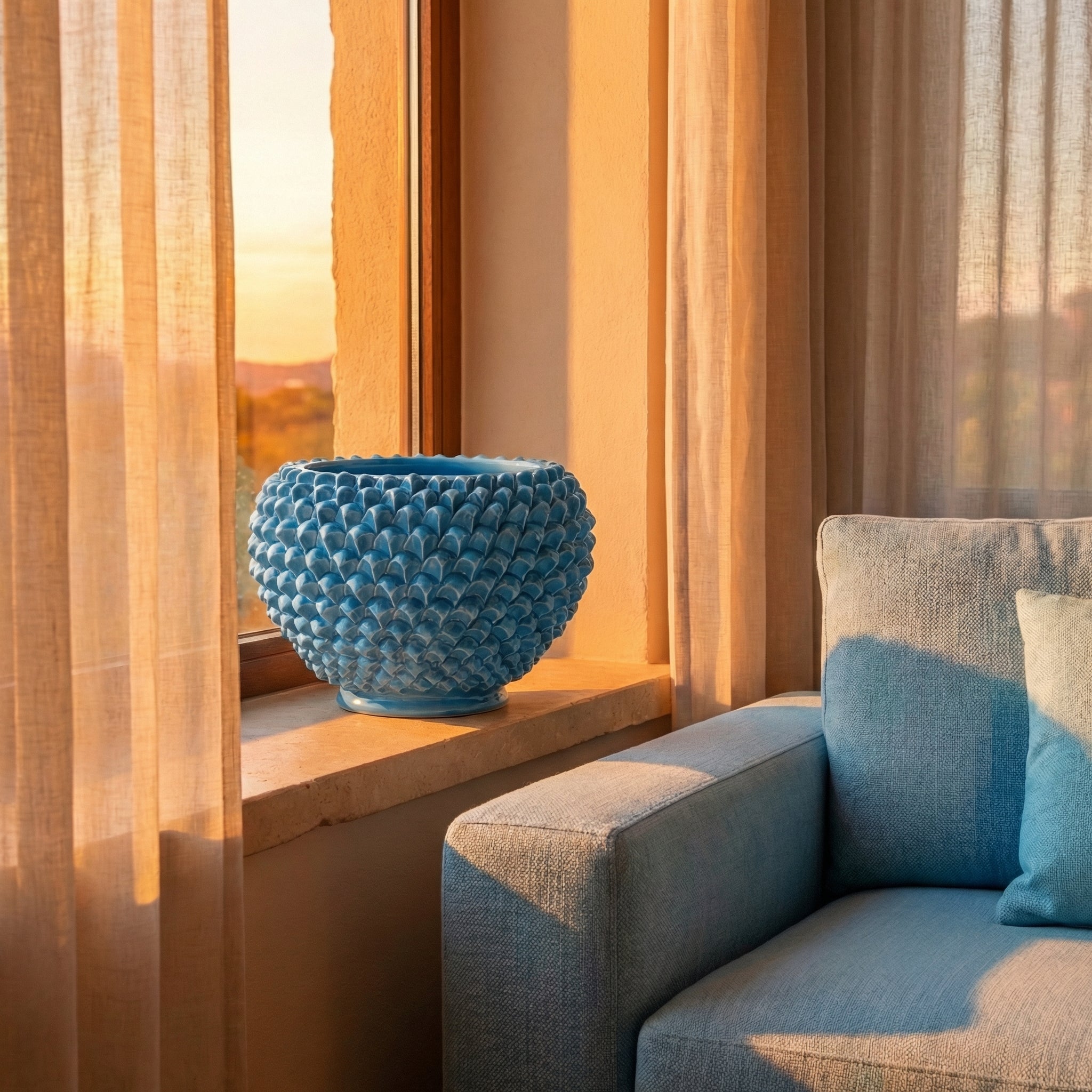 Pine Cone Cachepot, Turquoise – Italian ceramic from Caltagirone, Sicily