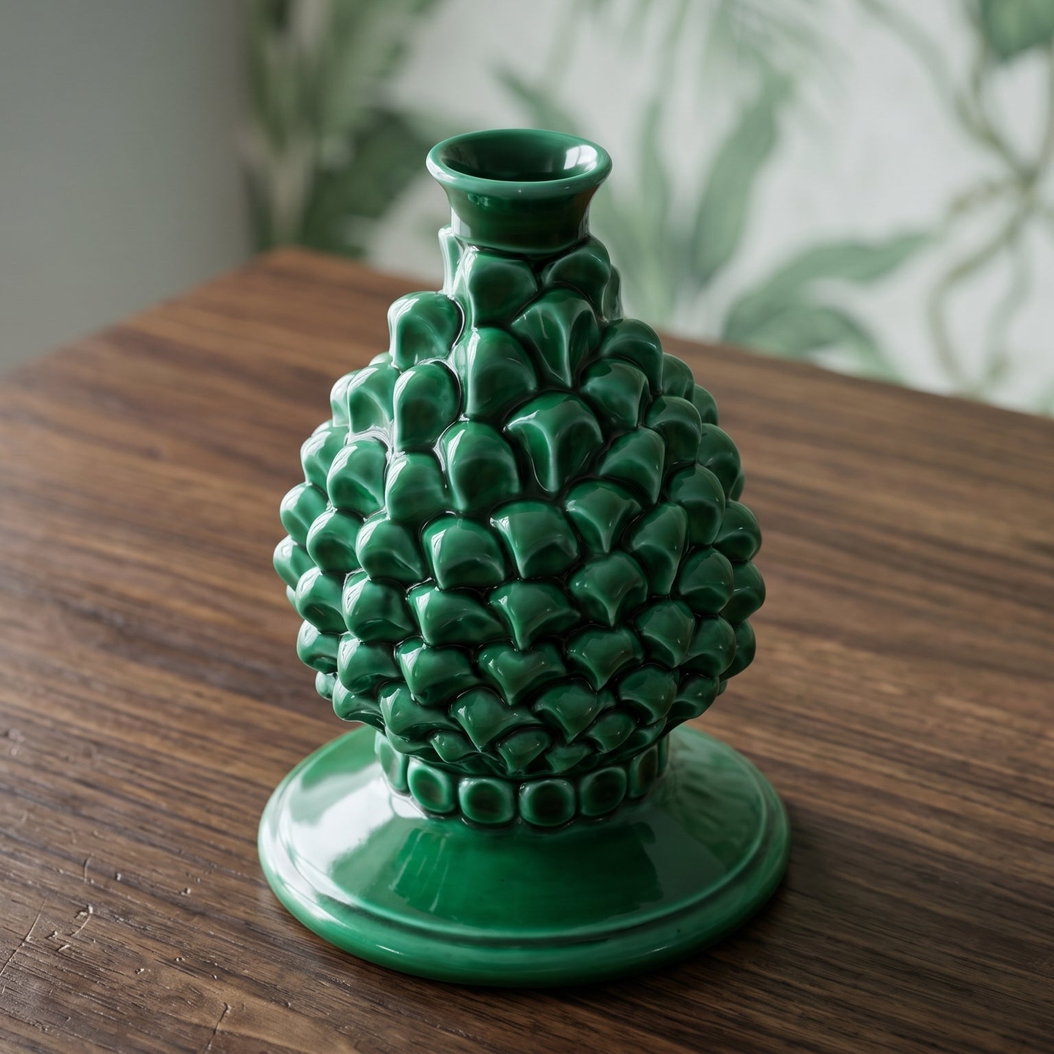 Sicilian Pine Cone Candle Holder H 18 cm / 7.1", Emerald Green – Italian pine cone ceramic from Caltagirone, Sicily
