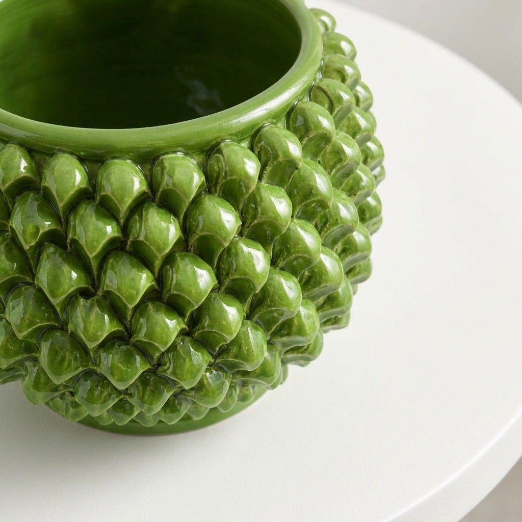 Half Pine Cone Vase, Leaf Green – Caltagirone Ceramic – Sicilian artisan tradition