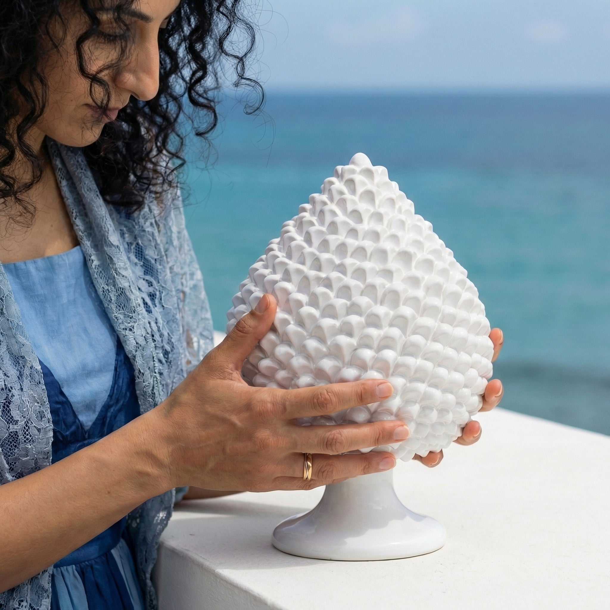 Caltagirone Pine Cone Ceramic H 15/40 cm / 6-16", White Line – Caltagirone Ceramic – Sicilian Pine Cone Tradition