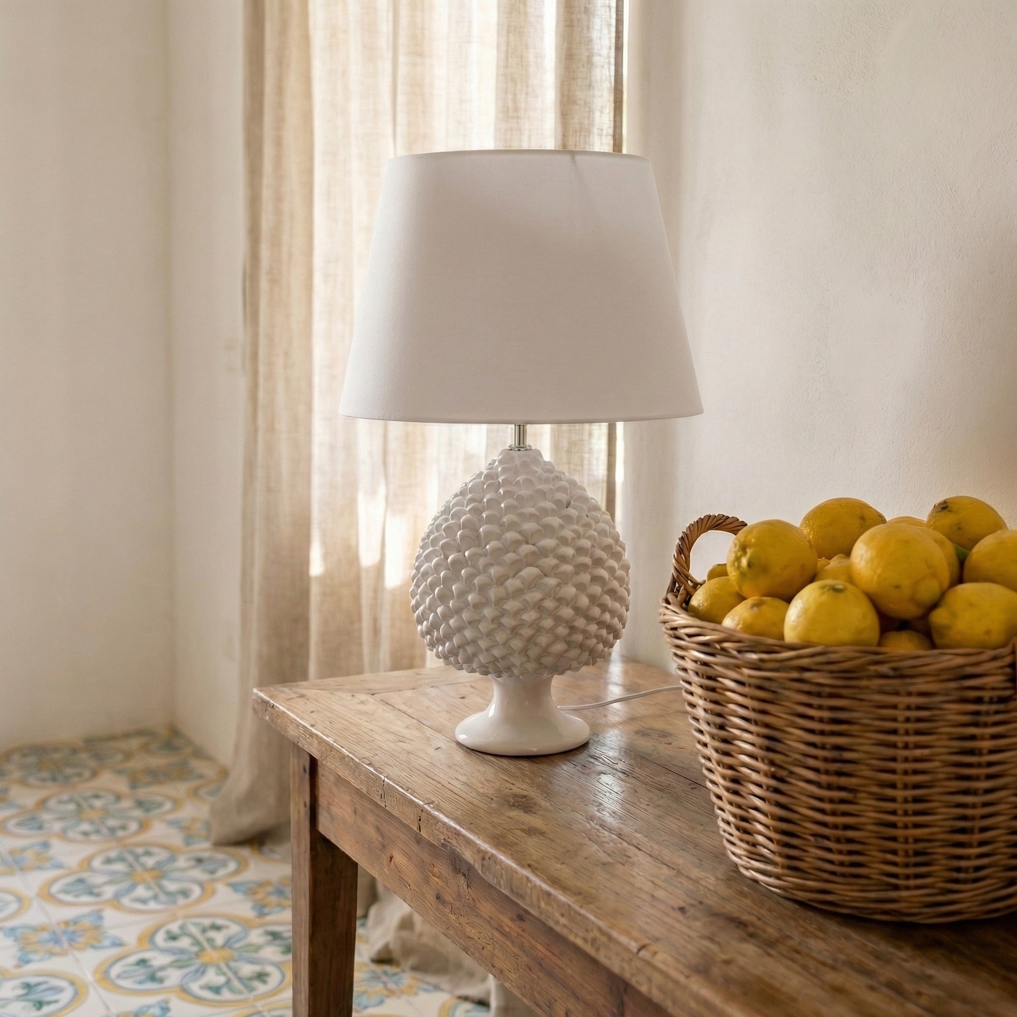 Sicilian Pine Cone Lamp, White Line – Italian ceramic from Caltagirone, Sicily