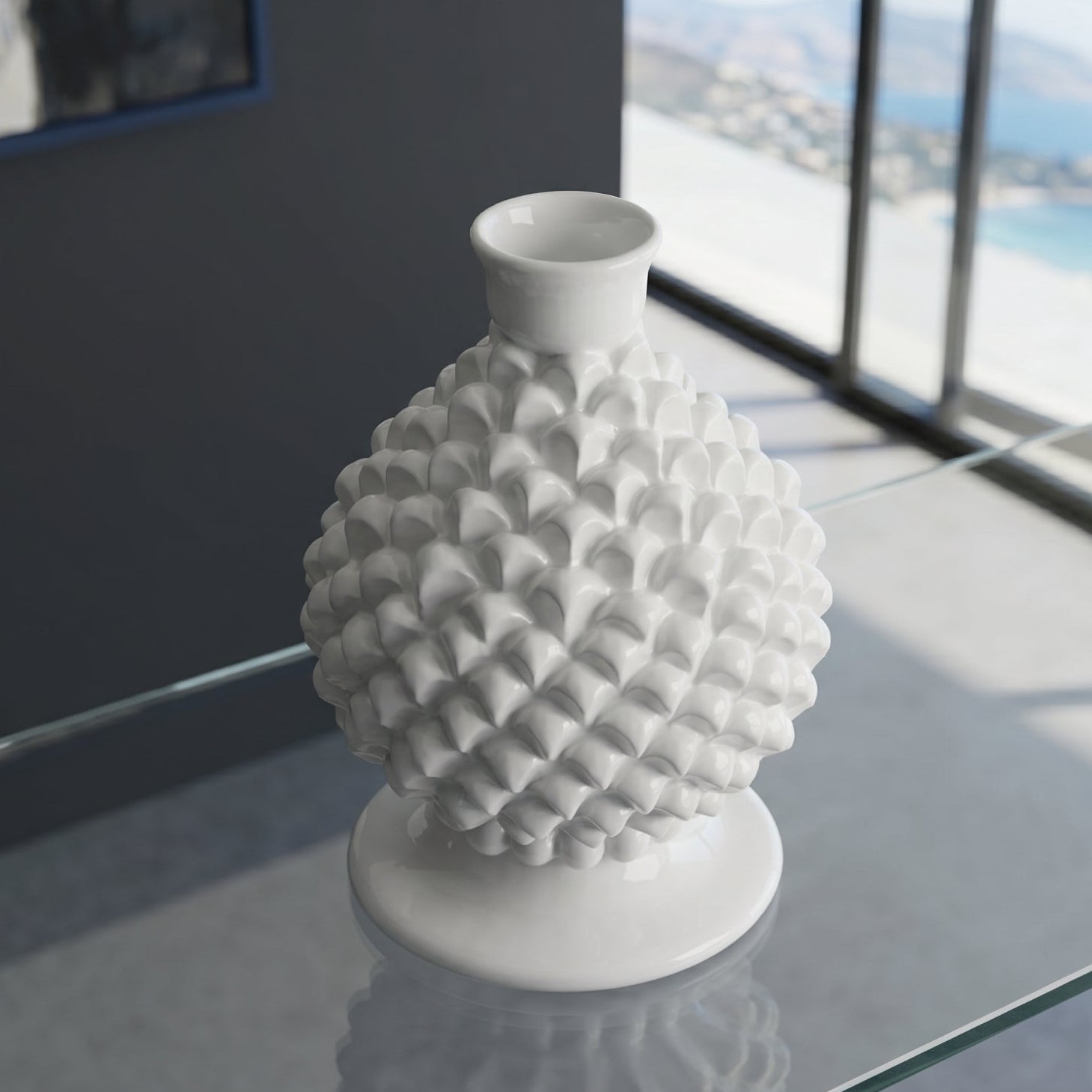 Sicilian Pine Cone Candle Holder H 18 cm / 7.1", White Line – Sicilian tradition from Caltagirone