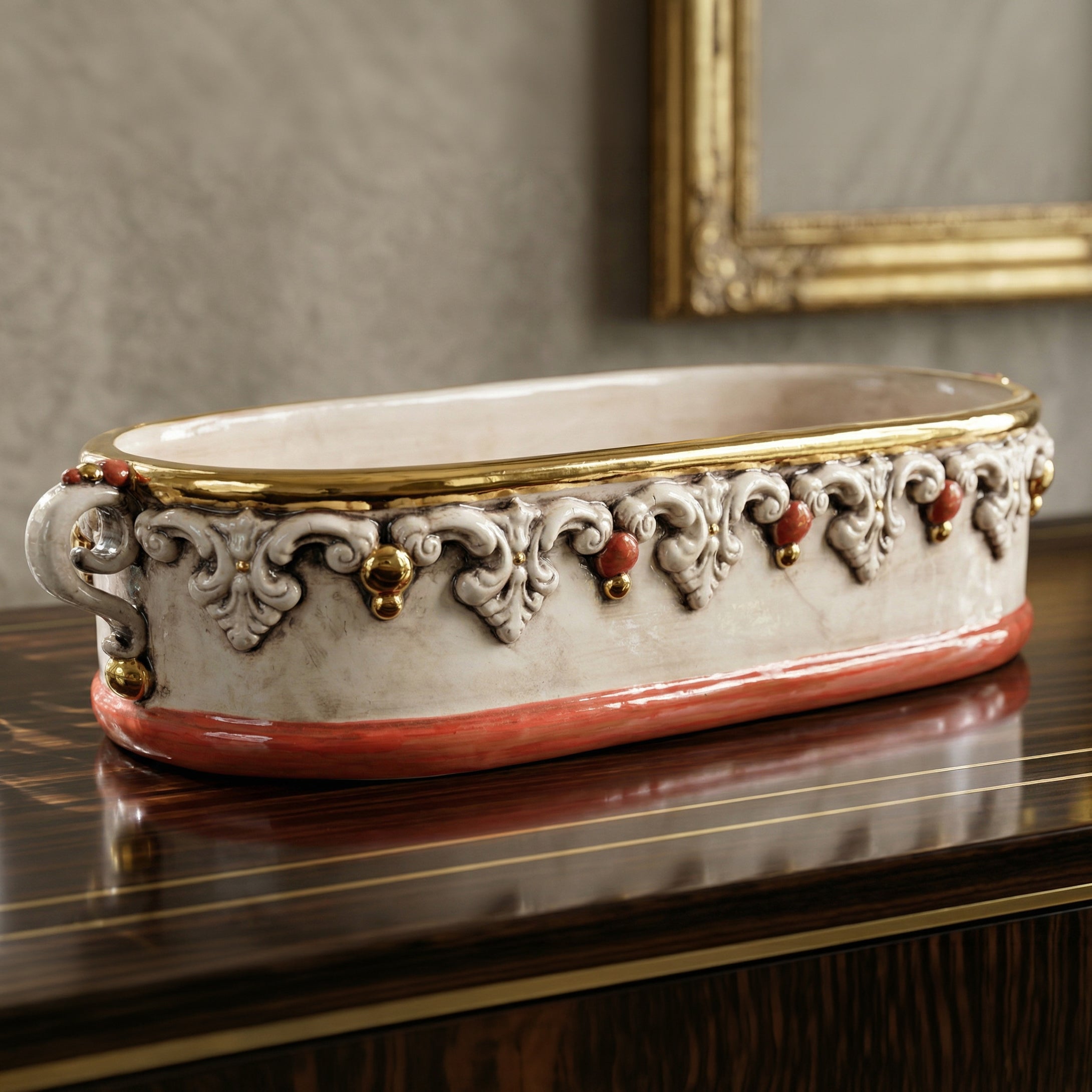 Sicilian Decorative Ceramic Box 35×8 cm / 14×3", Plastico Sofia, Antique Mother of Pearl – Sicilian majolica handcrafted in Caltagirone