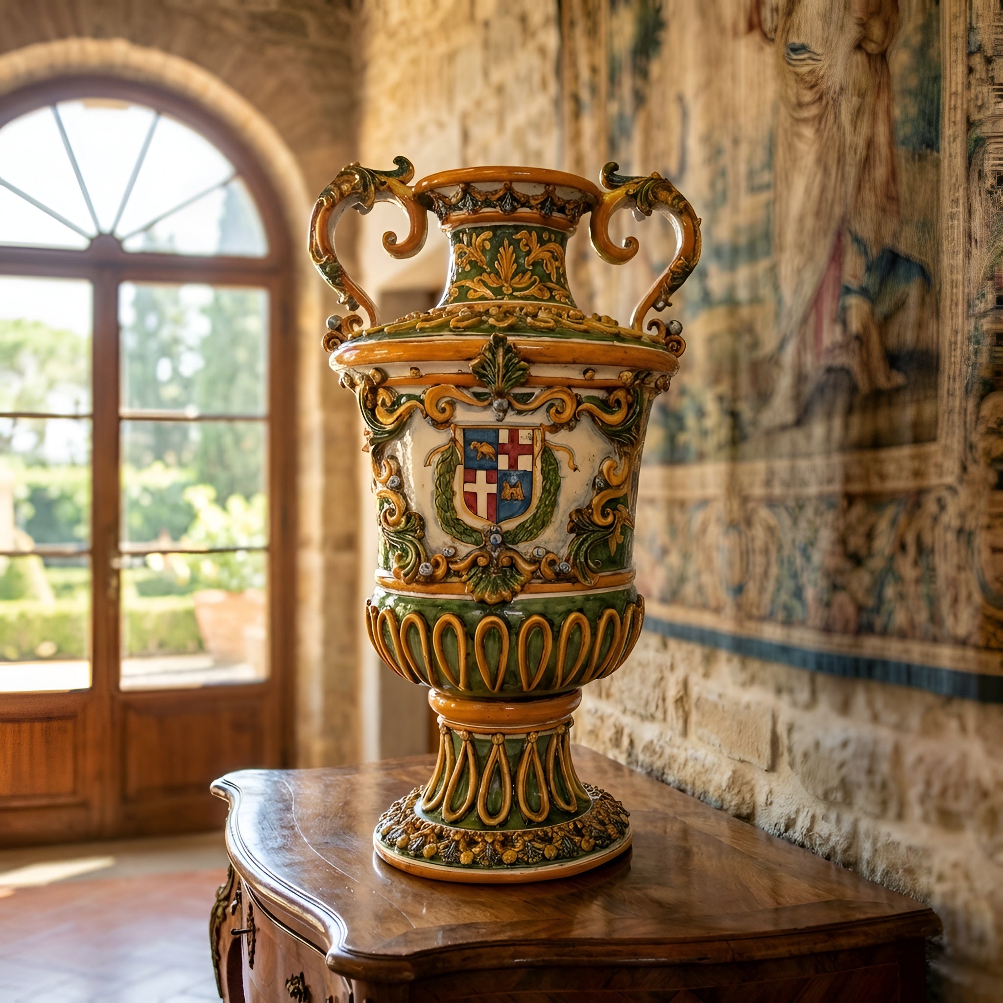 Large Italian Floor Vase H 60 cm / 23.6", Green Background, Limited Edition – Sicilian majolica handcrafted in Caltagirone