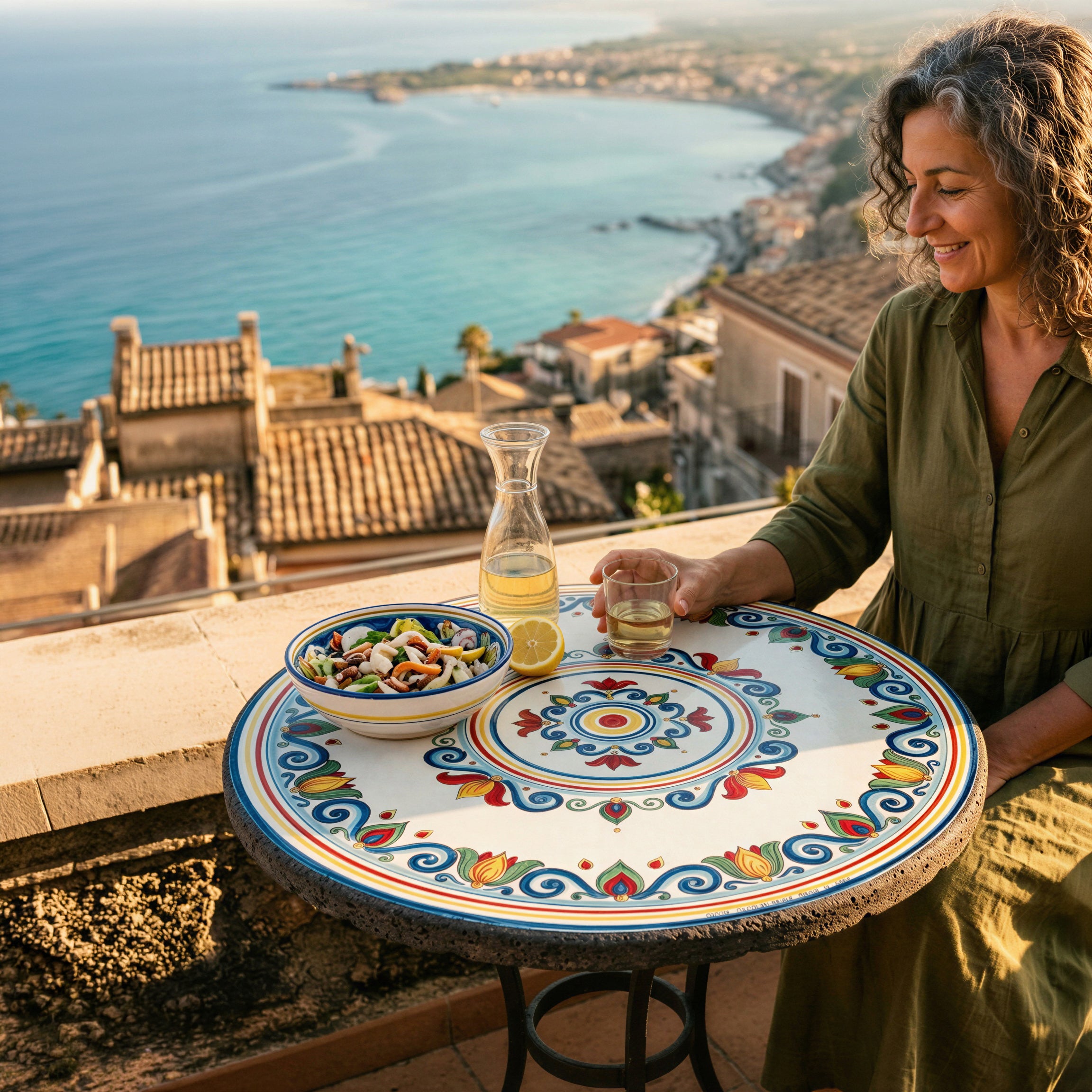 Sicilian Lava Stone Table, Decoro Sicily – Italian ceramic from Caltagirone, Sicily