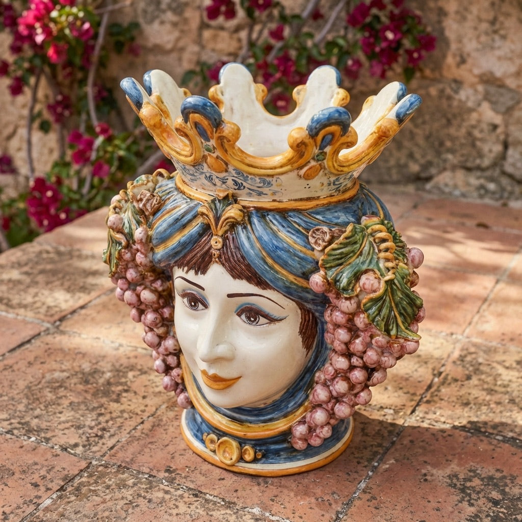 Sicilian Moor's Head with Grapes H 40 cm / 15.7", Woman, Blue and Orange – Testa di Moro from Caltagirone, Sicily