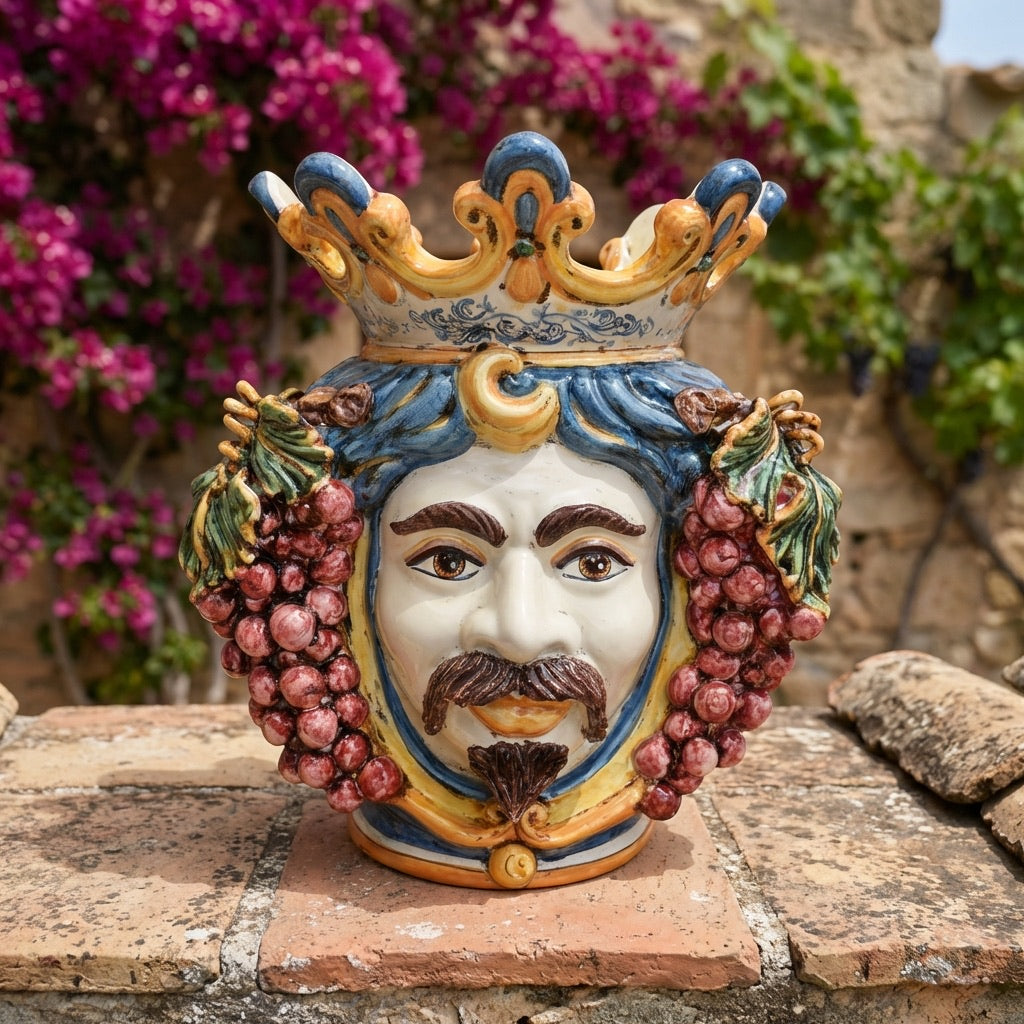 Moor's Head Vase with Grapes H 40 cm / 15.7", White Man, Blue and Orange – Testa di Moro from Caltagirone, Sicily