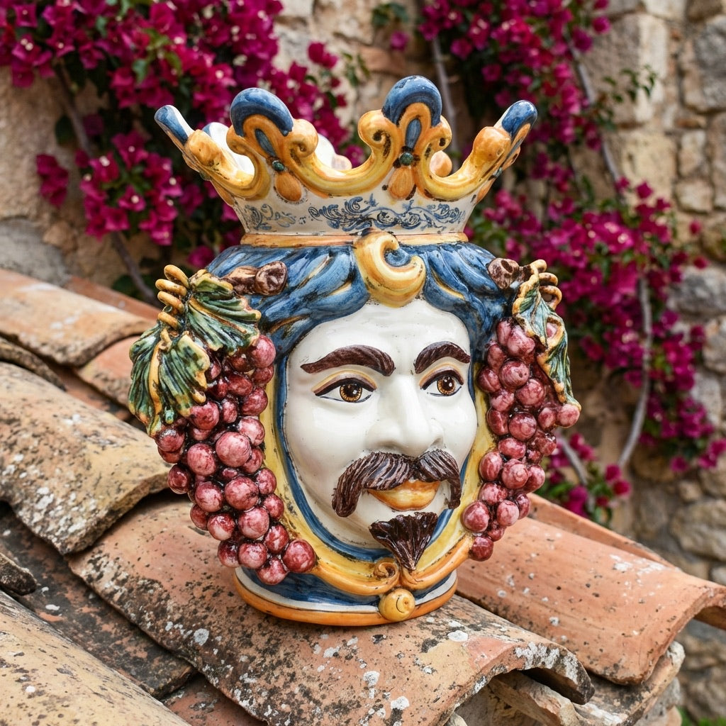 Moor's Head Vase with Grapes H 40 cm / 15.7", White Man, Blue and Orange – Testa di Moro from Caltagirone, Sicily