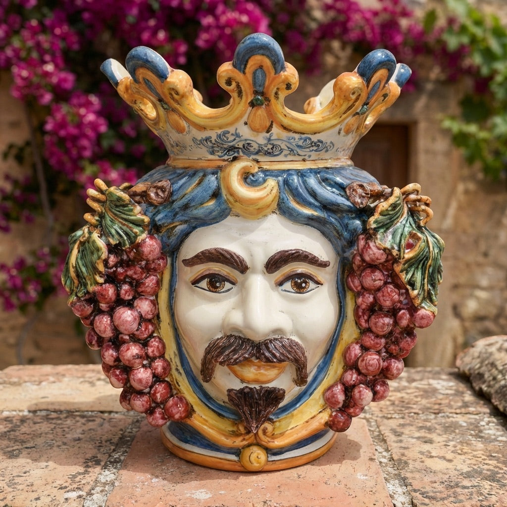 Moor's Head Vase with Grapes H 40 cm / 15.7", White Man, Blue and Orange – Testa di Moro from Caltagirone, Sicily