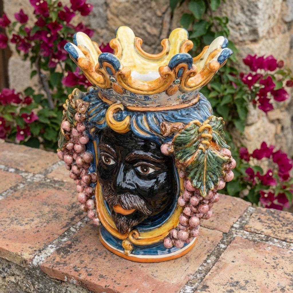 Sicilian Moor's Head with Grapes H 40 cm / 15.7", Moro Man, Blue and Orange – Testa di Moro from Caltagirone, Sicily