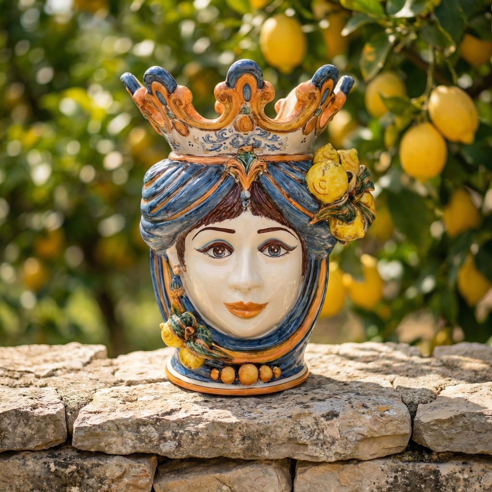 Sicilian Moor's Head with Lemons H 40 cm / 15.7", Woman, Blue and Orange – Testa di Moro from Caltagirone, Sicily